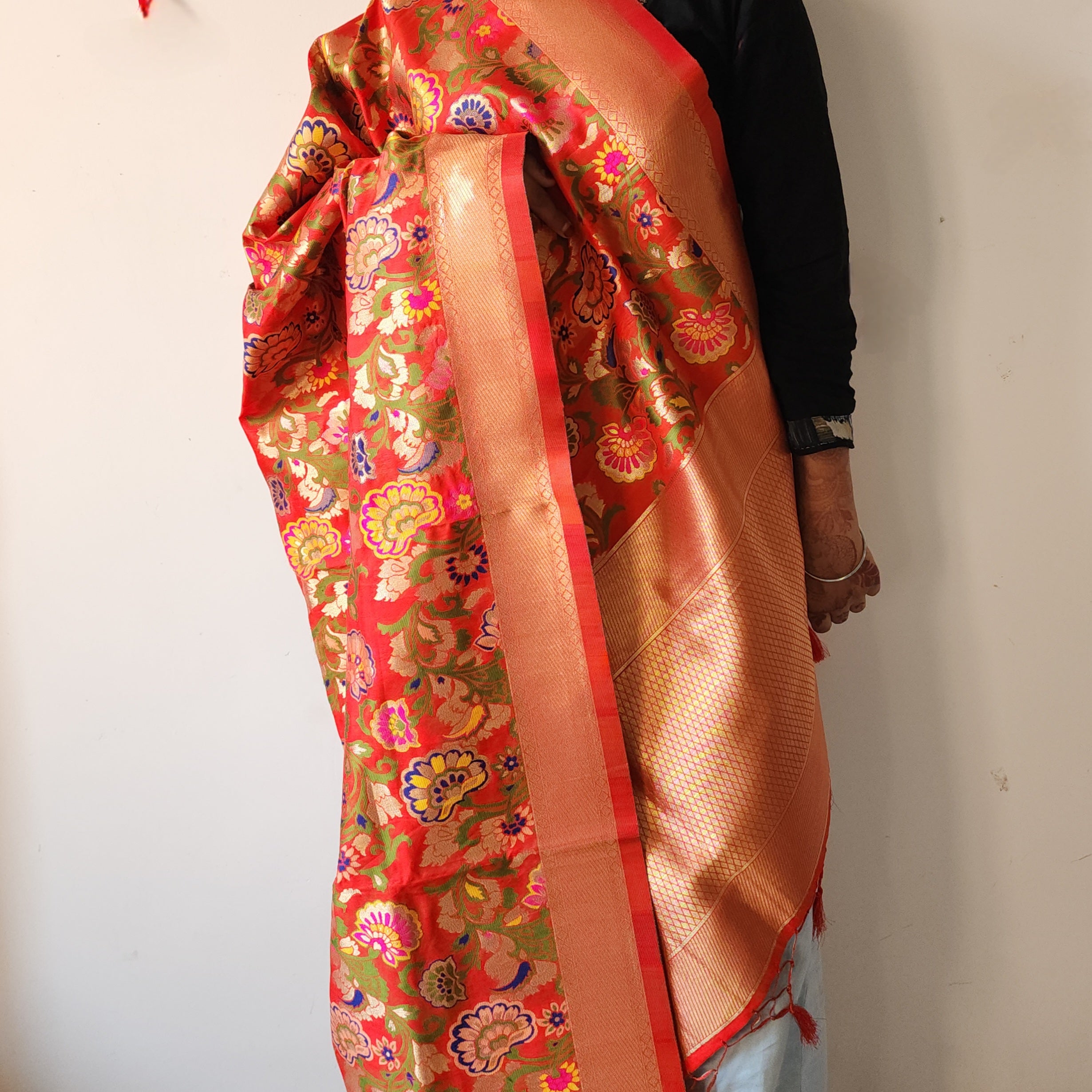 Banarasi Silk Bridal Red Dupatta with Multicolor & Gold Floral Handweaving