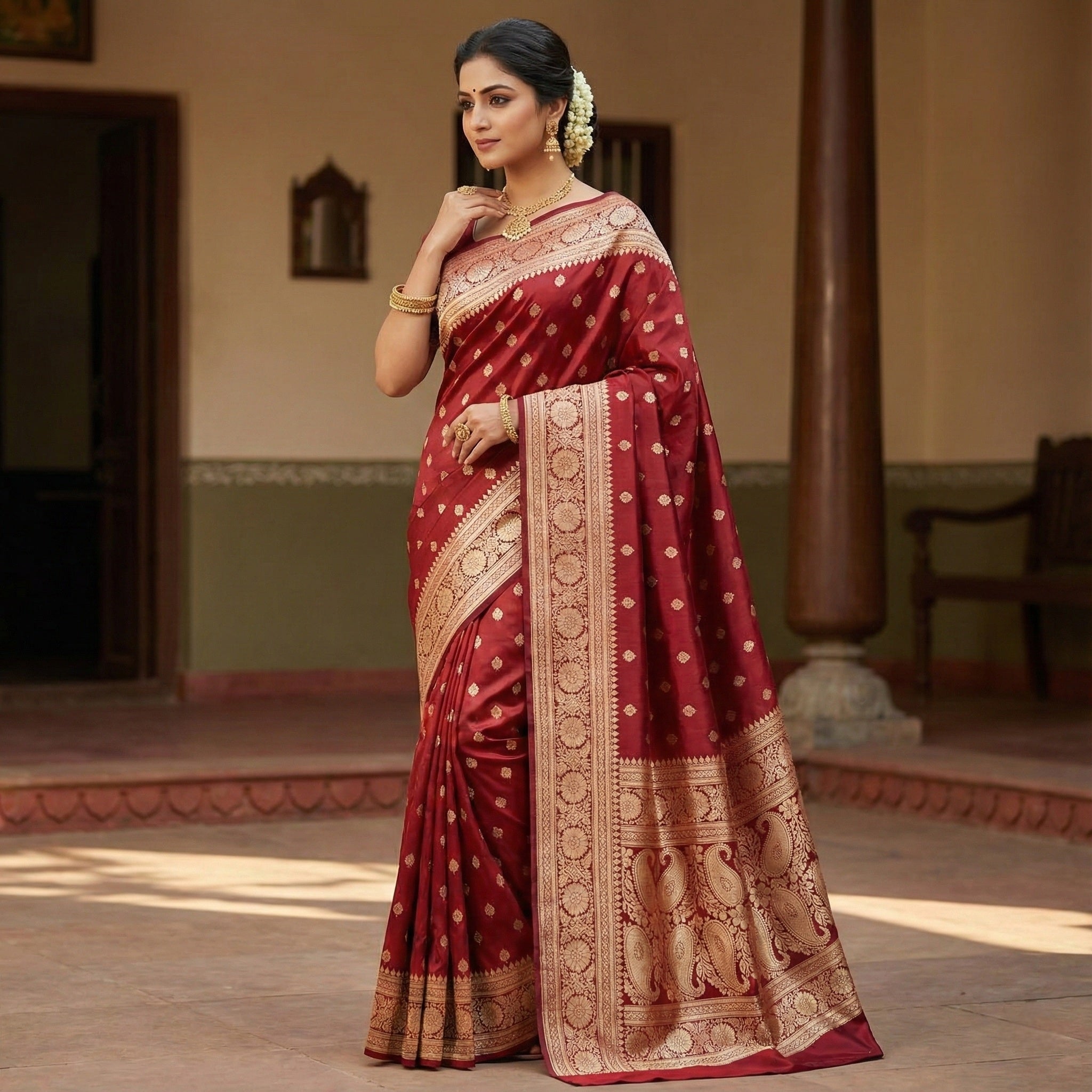 Royal Maroon Red Banarasi Silk Saree with Golden Zari Weave