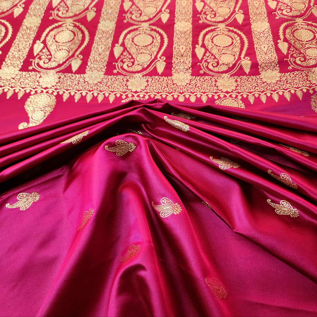 Rani Pink Paisley Katan Silk Saree with Gold Zari