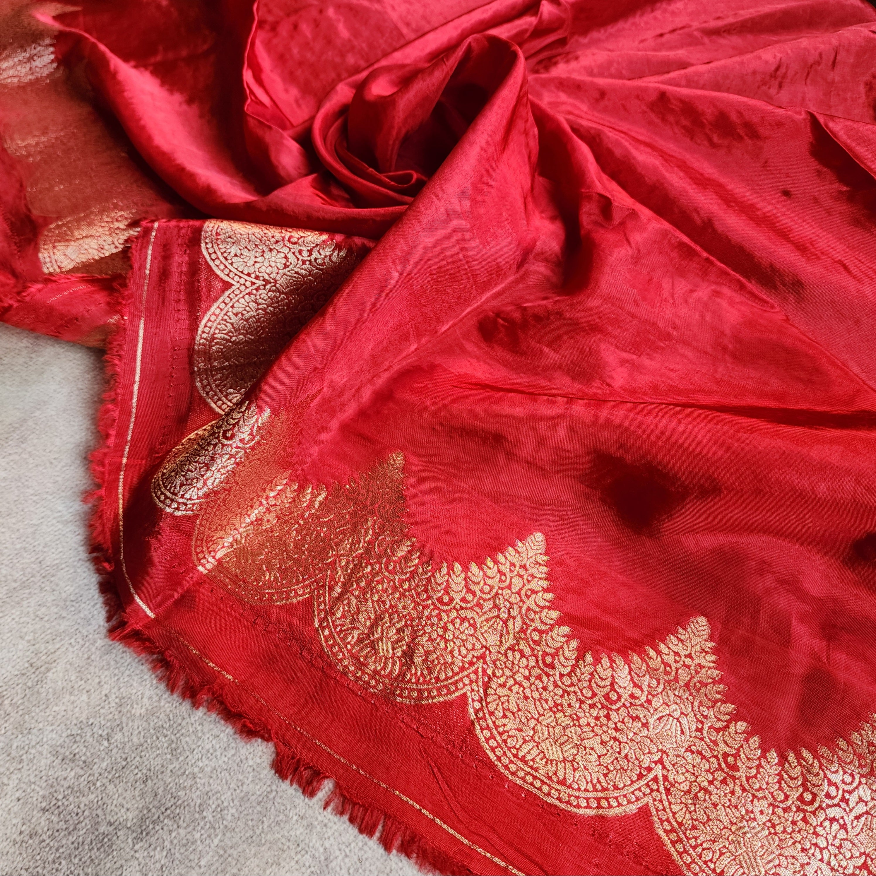 Deep Red Muslin Silk Saree with Cream Border