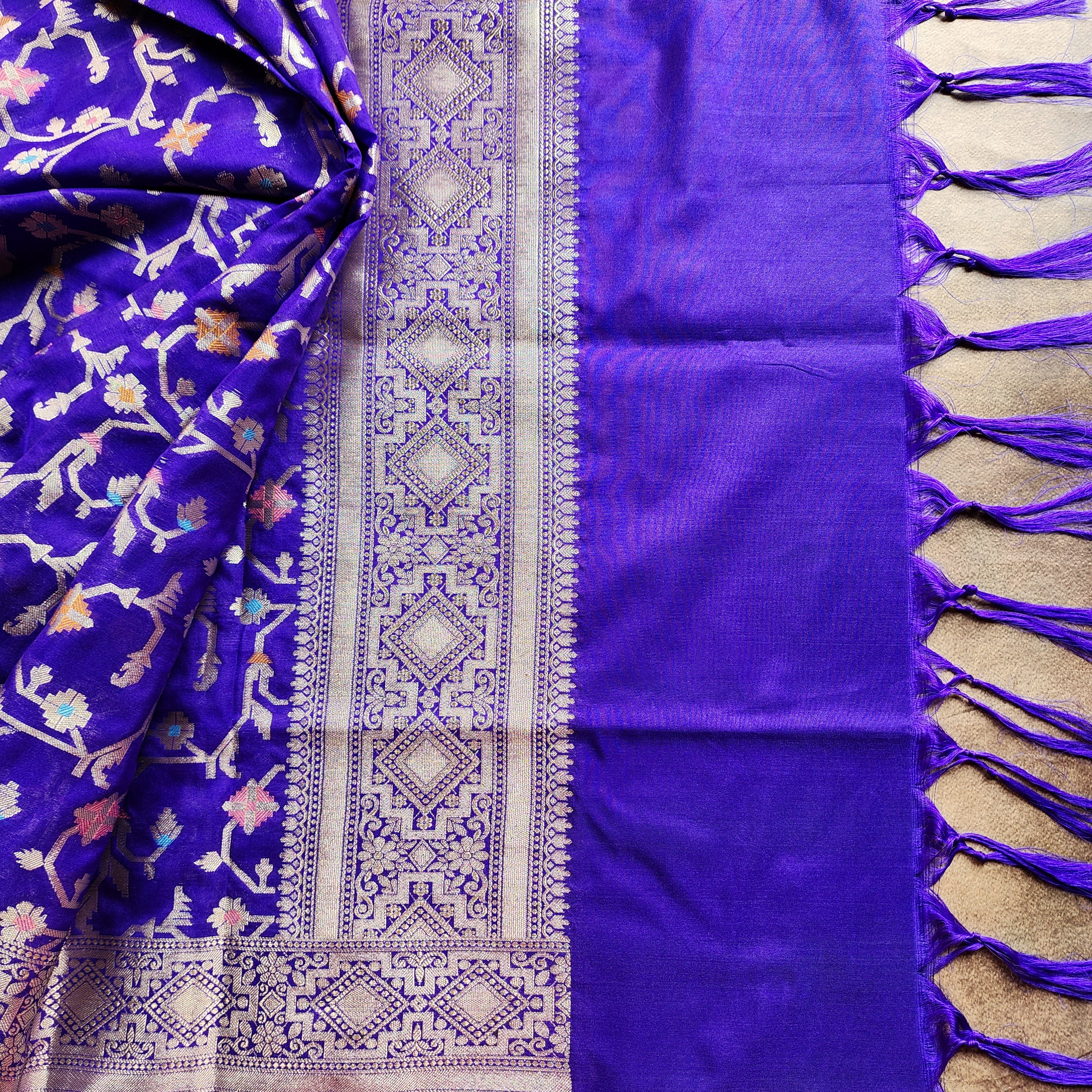 Golden Grid Banarasi Silk Dupatta with Meenakari Work in Electric Blue