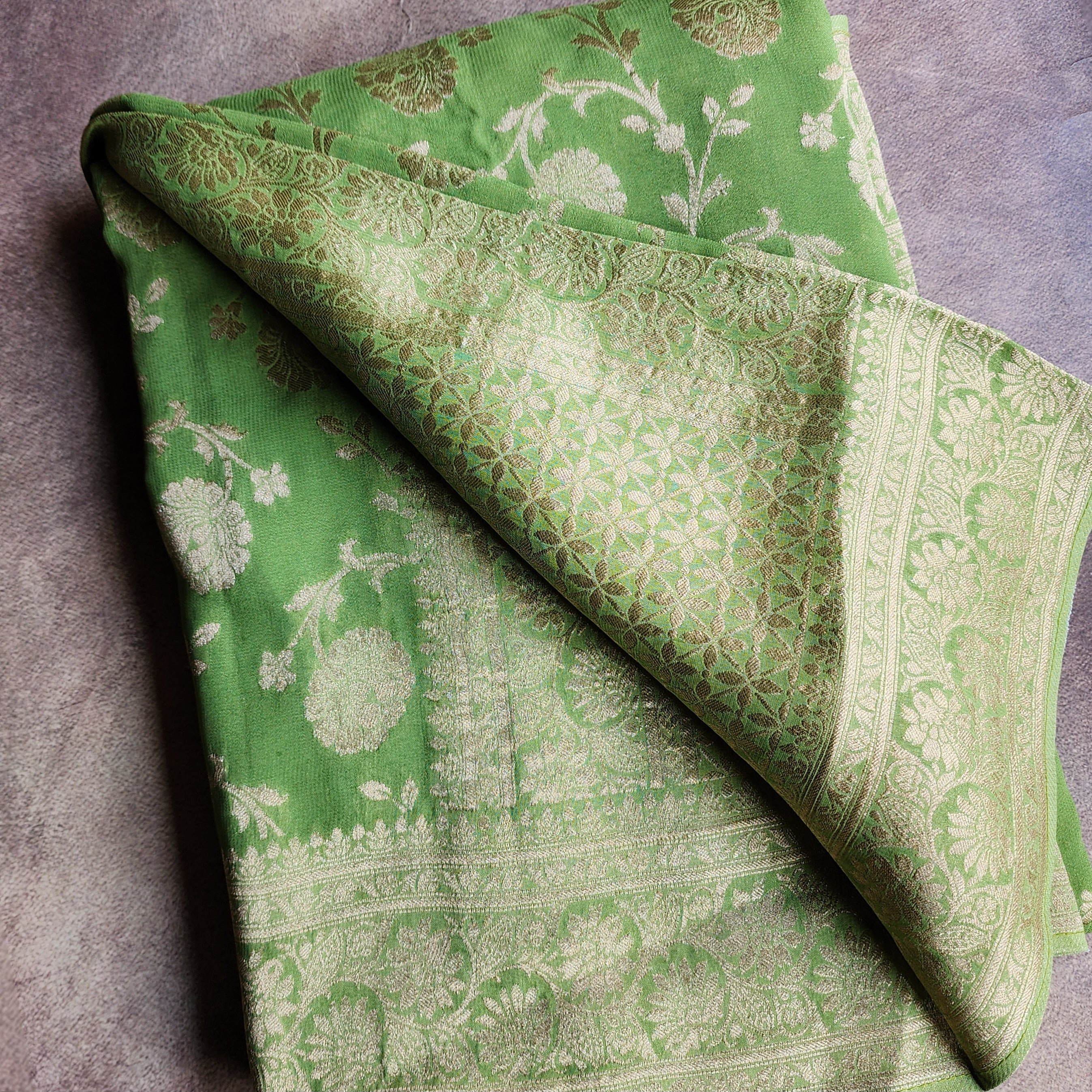 Khaddi Georgette Pure Banarasi Saree in Light Bottle Green