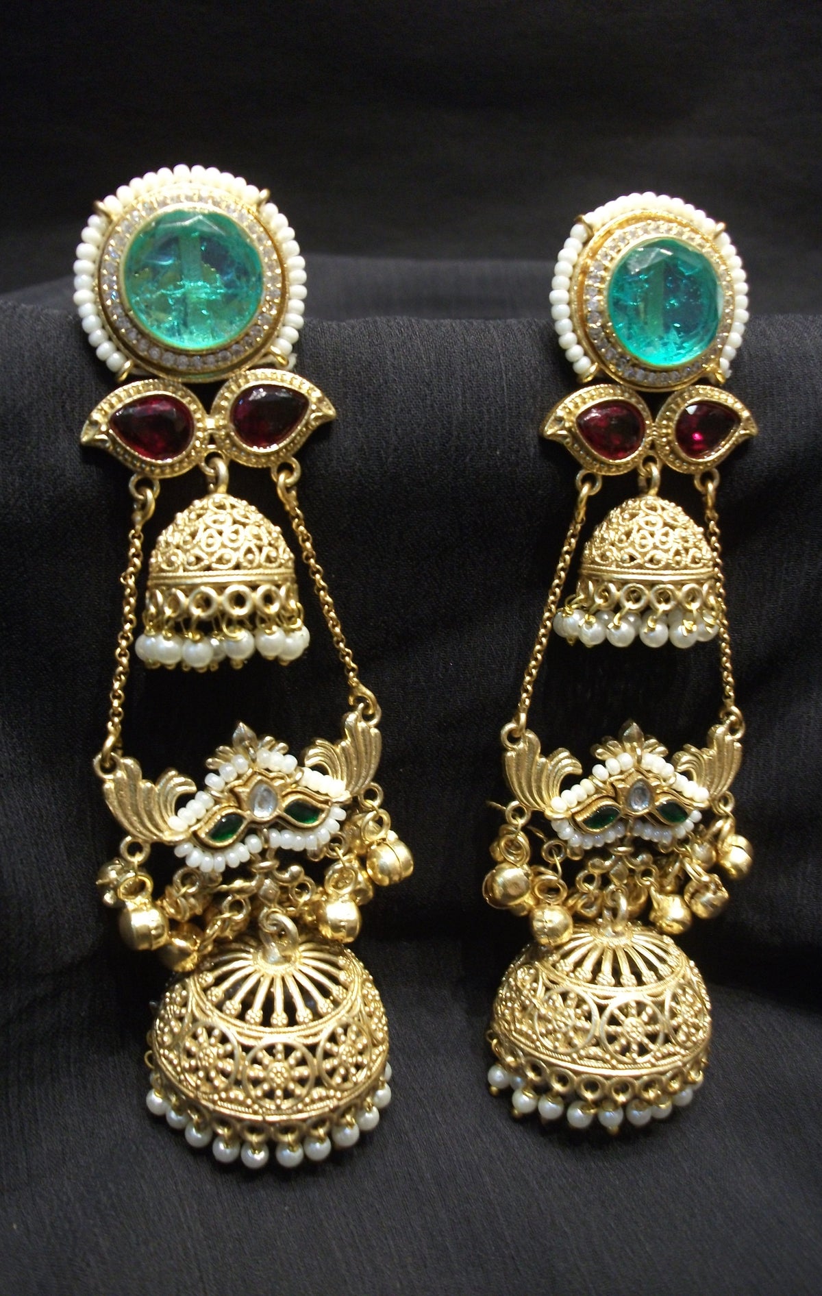 Multi-Stone Hanging Jhumka Earrings with Bell Accents