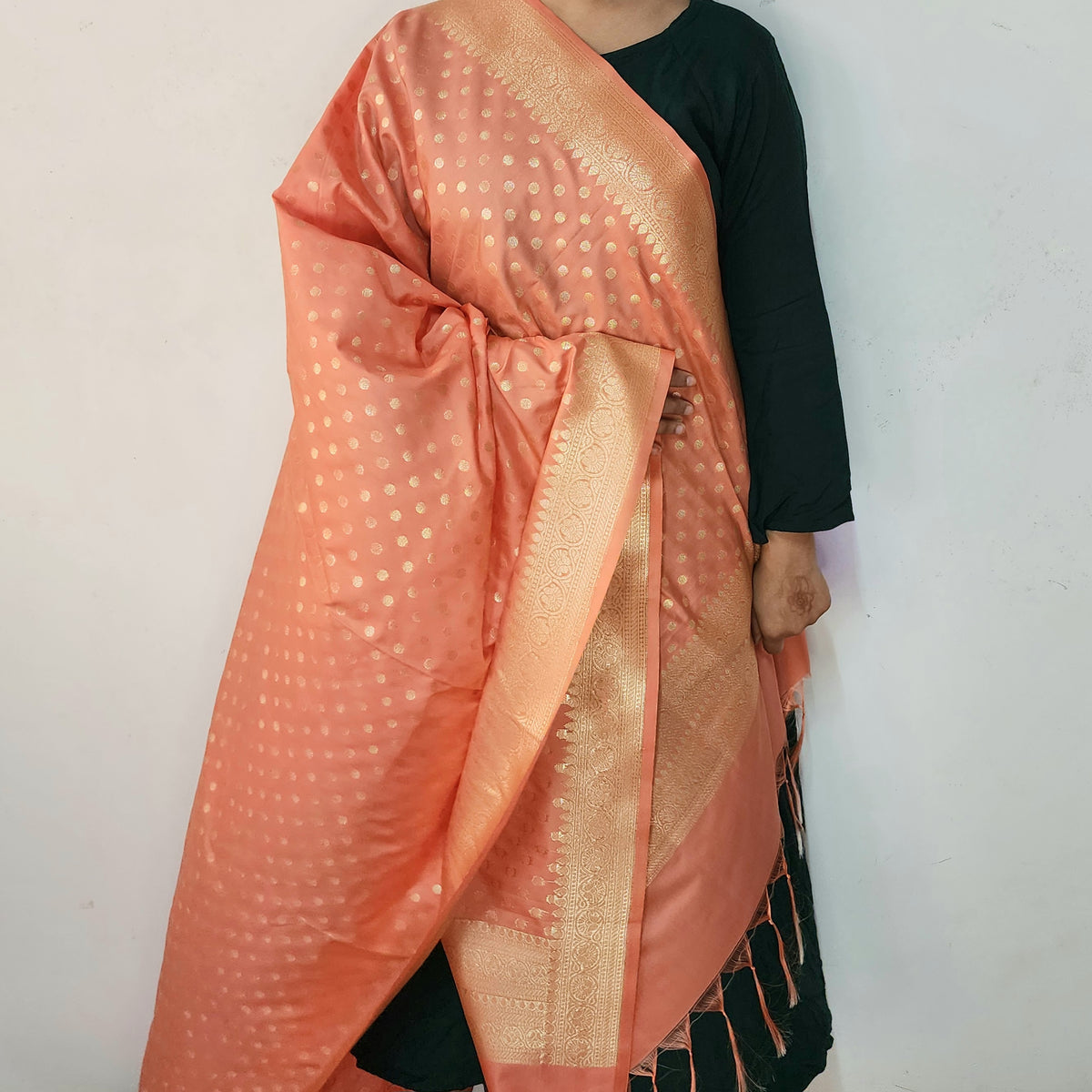 Coral Peach Banarasi Silk Dupatta with Gold Polka Dot