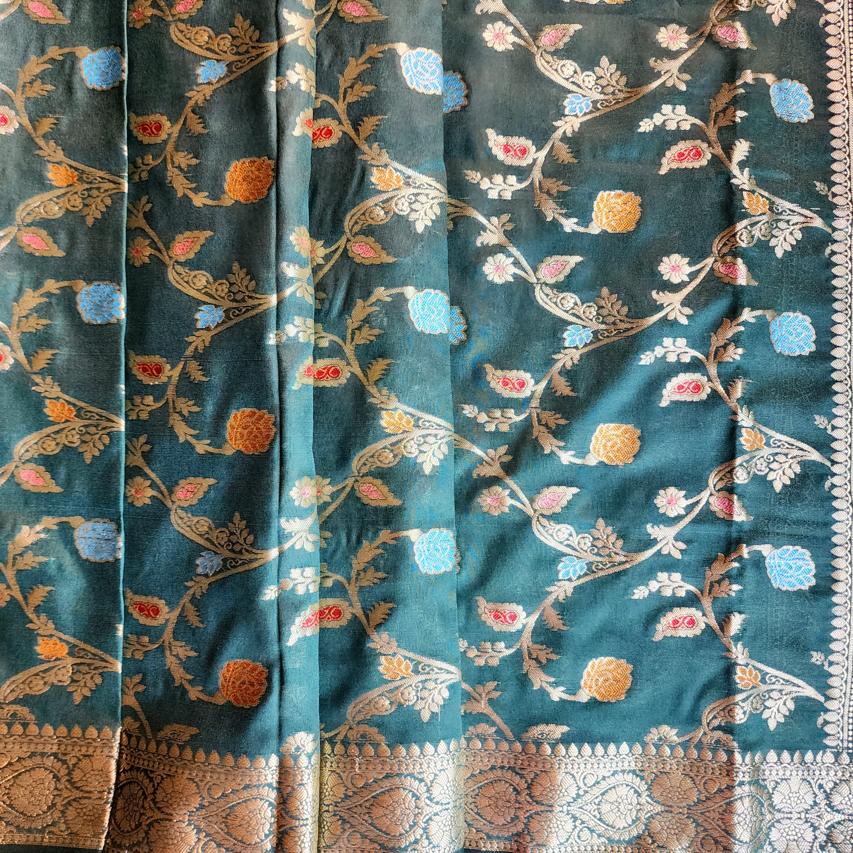 Bottle Green Banarasi Silk Dupatta with Gold Zari Border & Multicolor Meenakari Work
