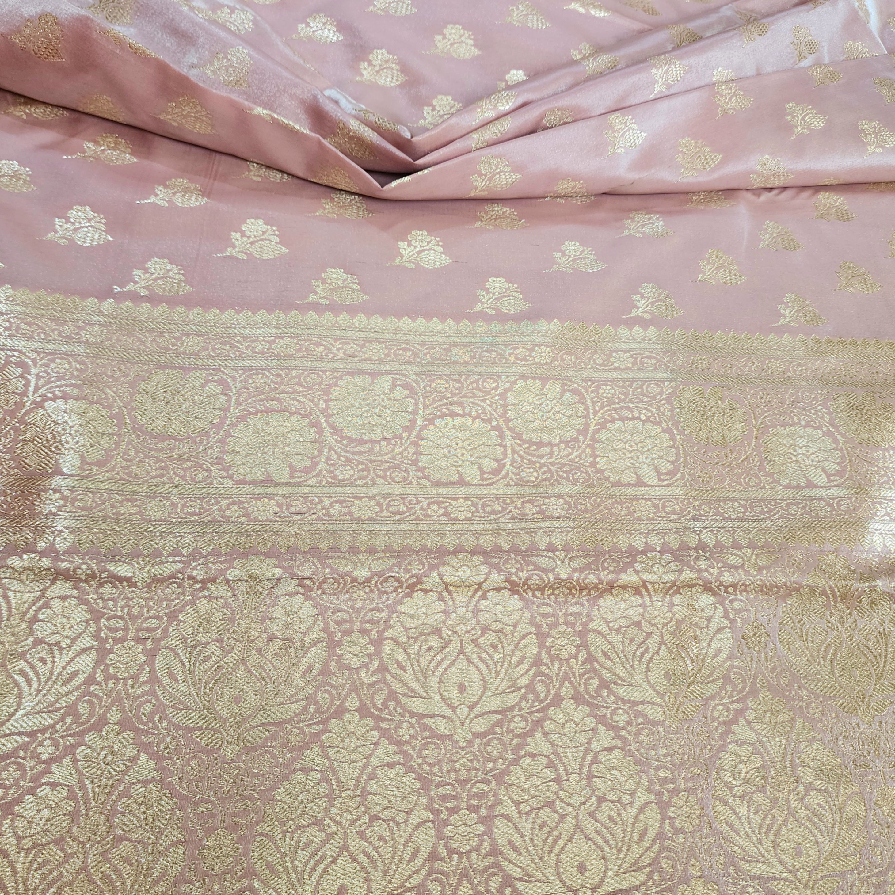 Rich Rose Blush Pink Banarasi Silk Saree with Gold Zari Weaving