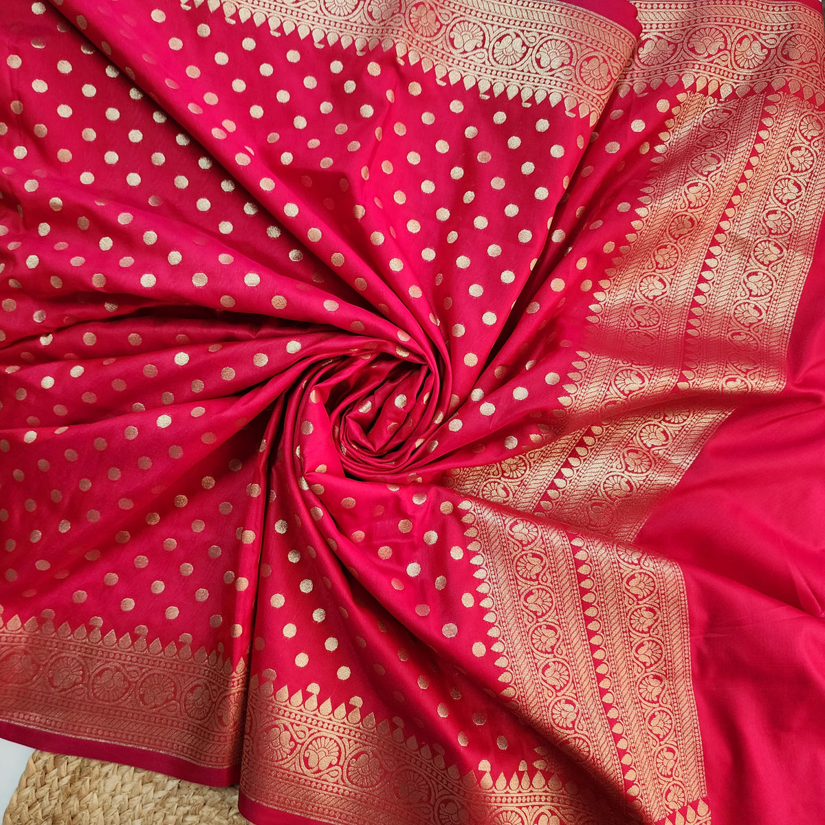 Fuchsia Banarasi Silk Dupatta with Gold Polka Dot