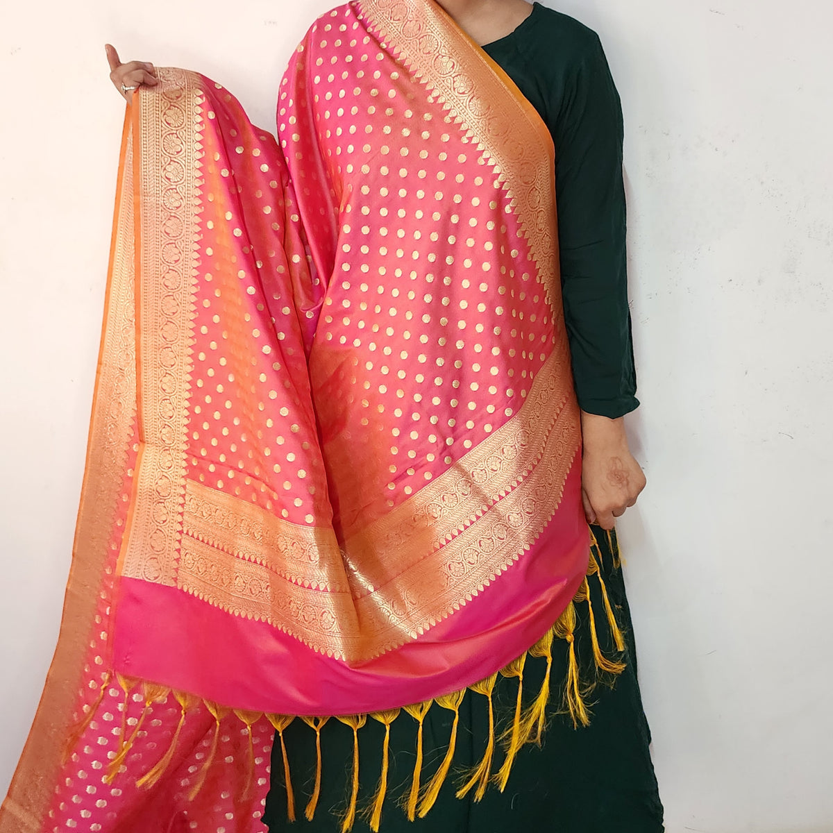 Coral Red Banarasi Silk Dupatta with Gold Polka Dot