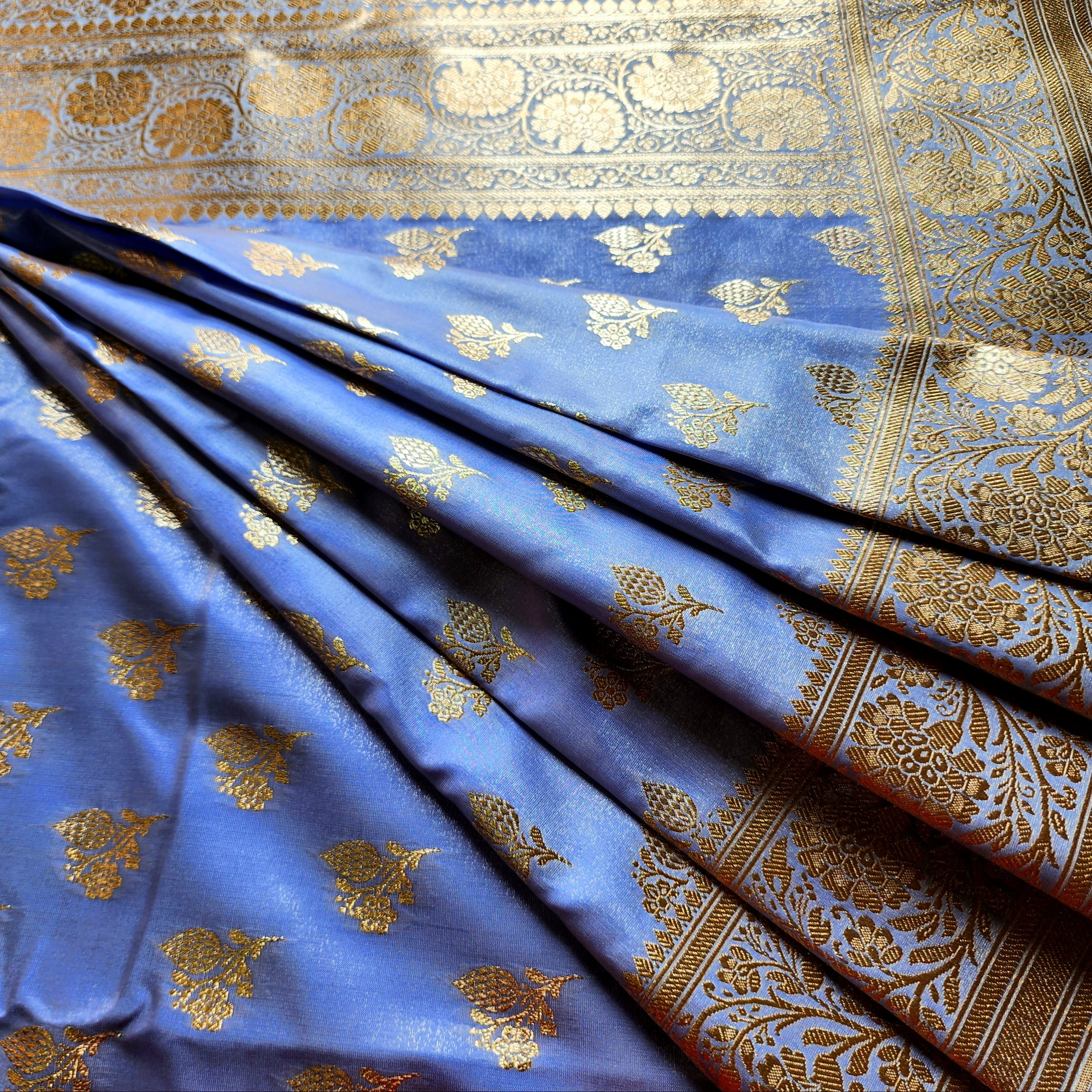 Rich Periwinkle Blue Banarasi Silk Saree with Gold Zari Weaving