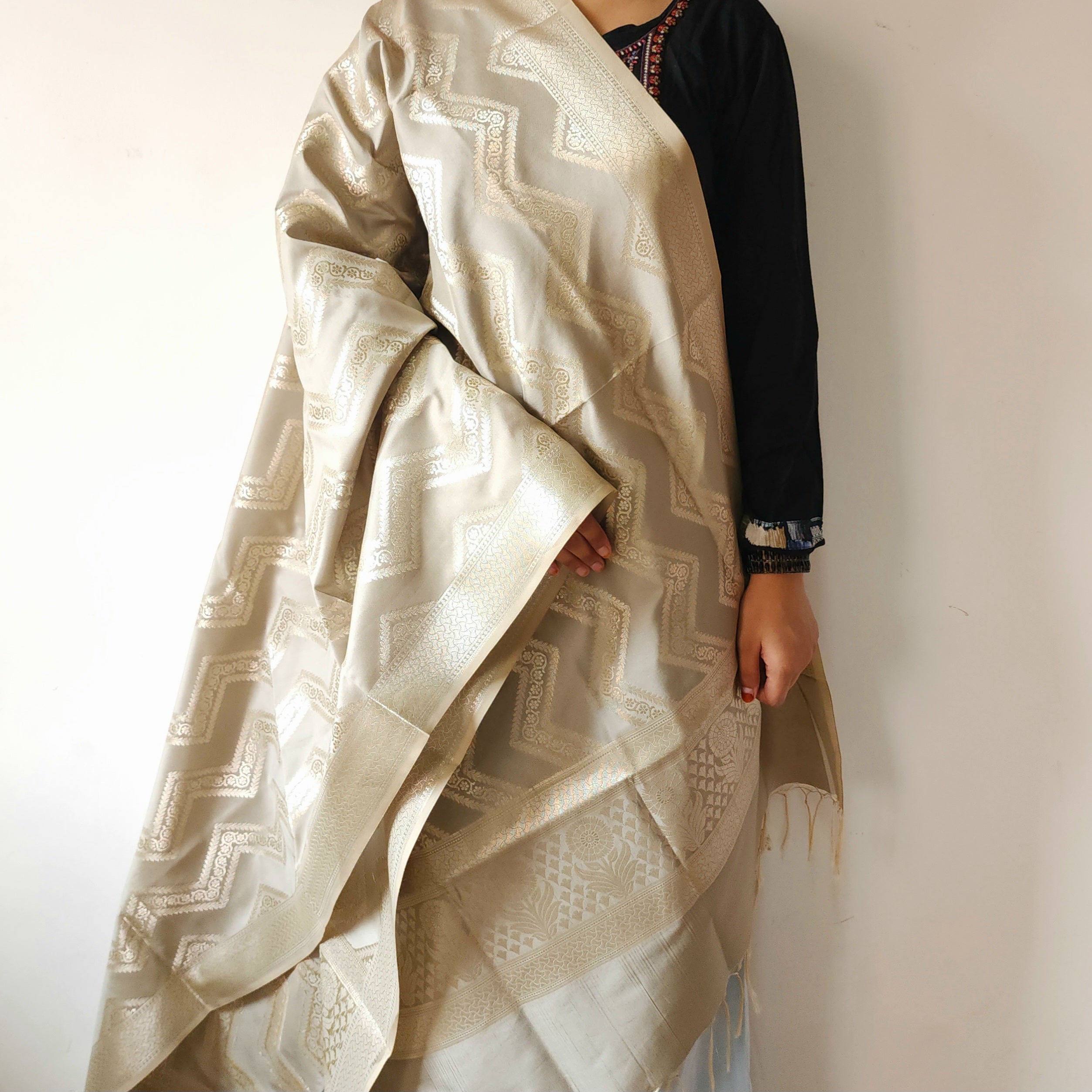 Dove Grey Banarasi Dupatta with Golden Zigzag Pattern