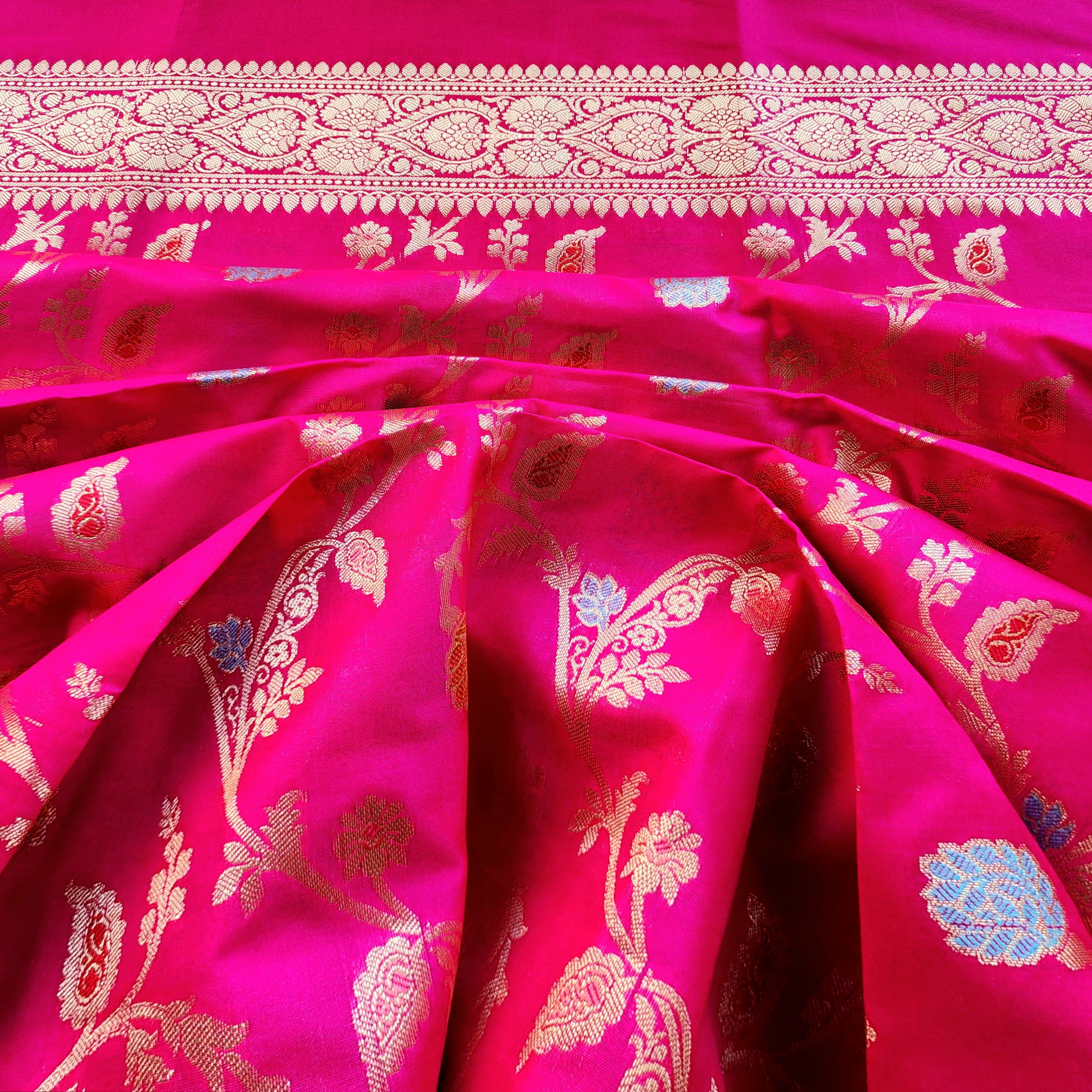 Hot Pink Banarasi Silk Dupatta with Gold Zari Border & Multicolor Meenakari Work