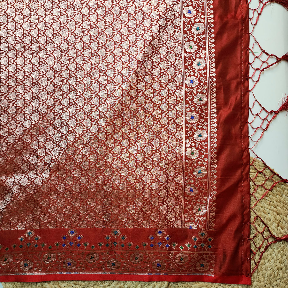 Red Banarasi Katan Silk Saree with Multicolor Meenakari Floral Jaal