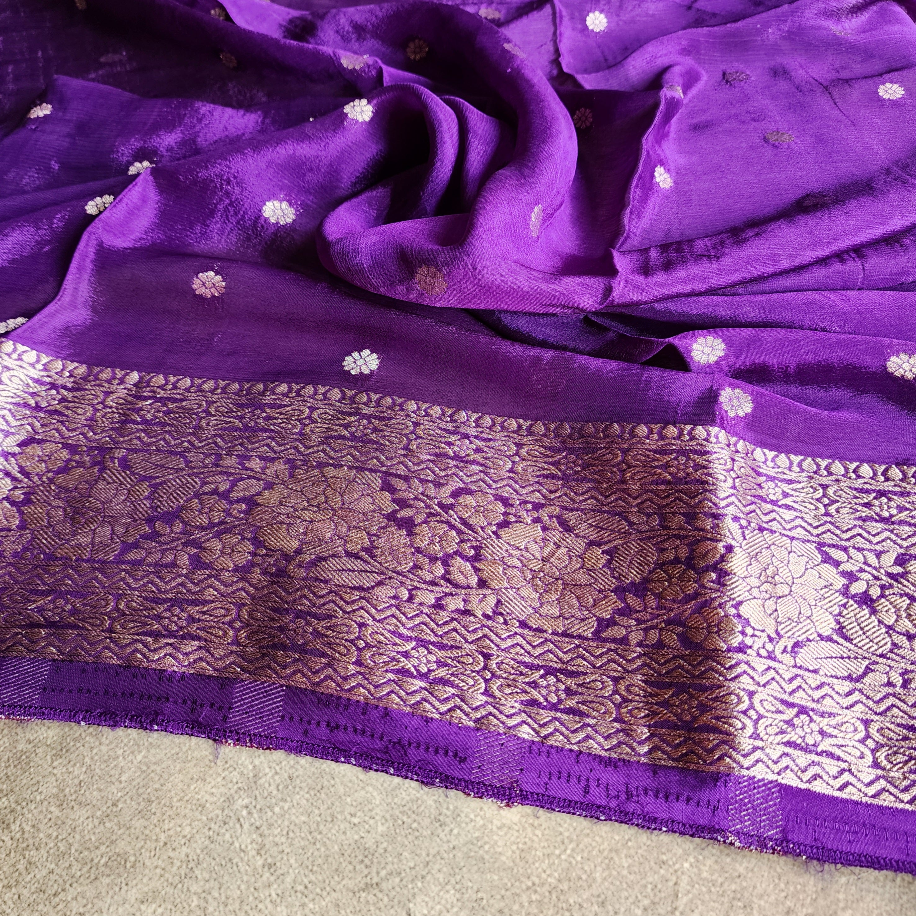 Royal Violet Pure Crepe Silk Saree with Gold Zari Border