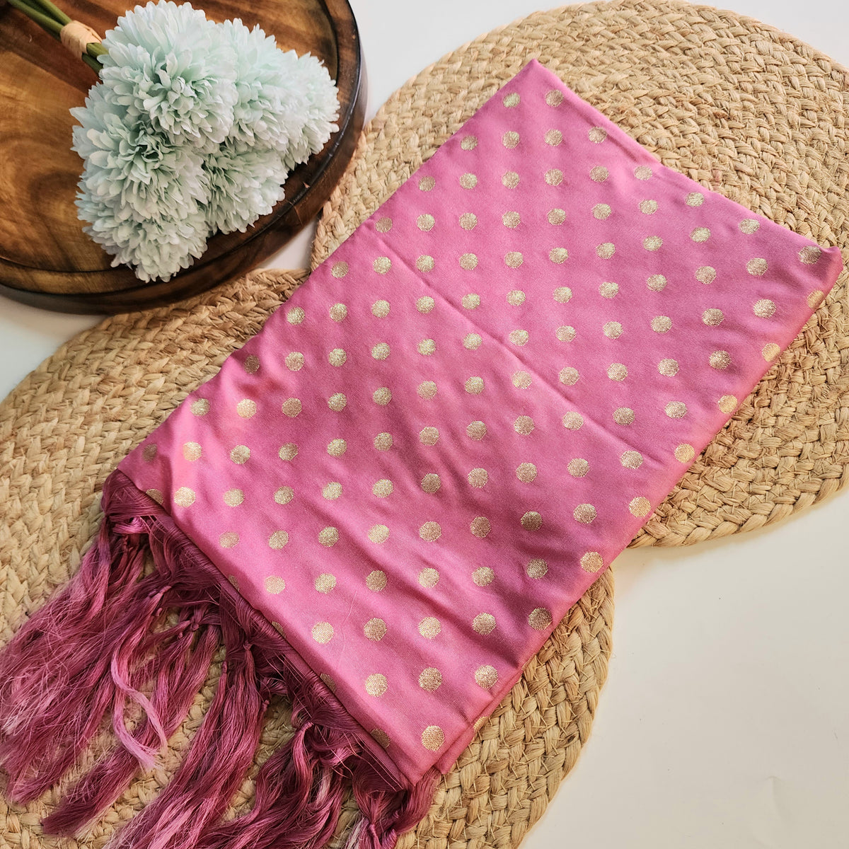 Dusty Rose Banarasi Silk Dupatta with Gold Polka Dot