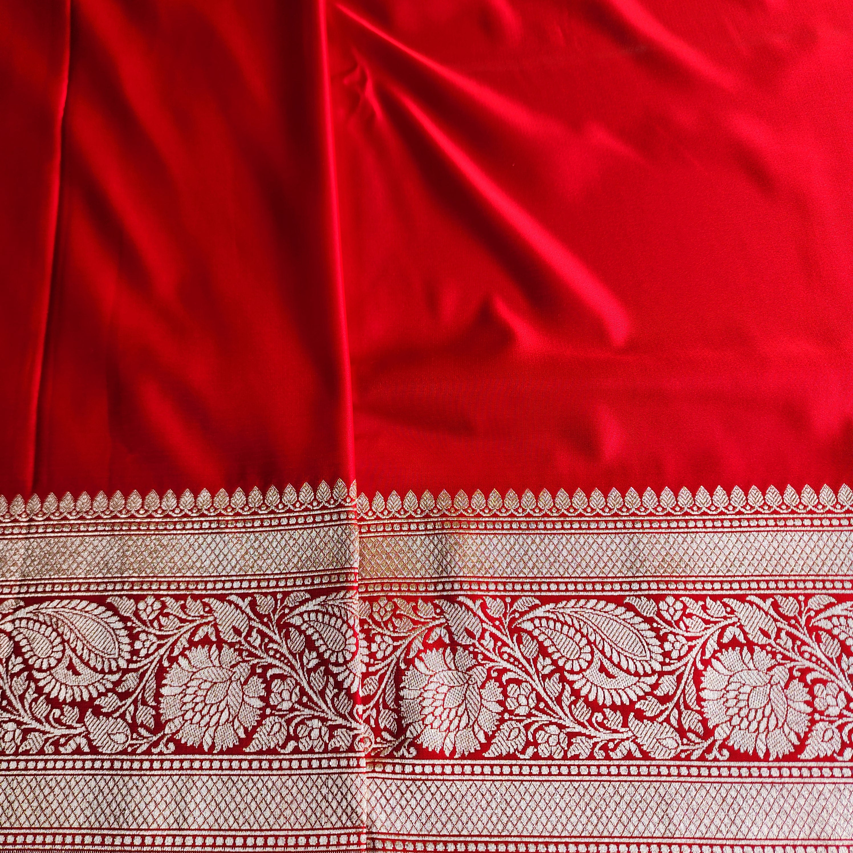 Rich Vermilion Red Pure Banarasi Katan Silk Saree with light Gold Zari Weaving