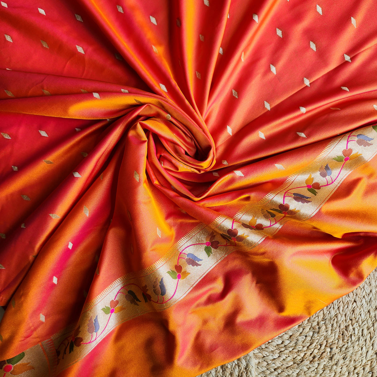 Raahi - Bright Orange Paithani Silk Saree with Stitched Blouse