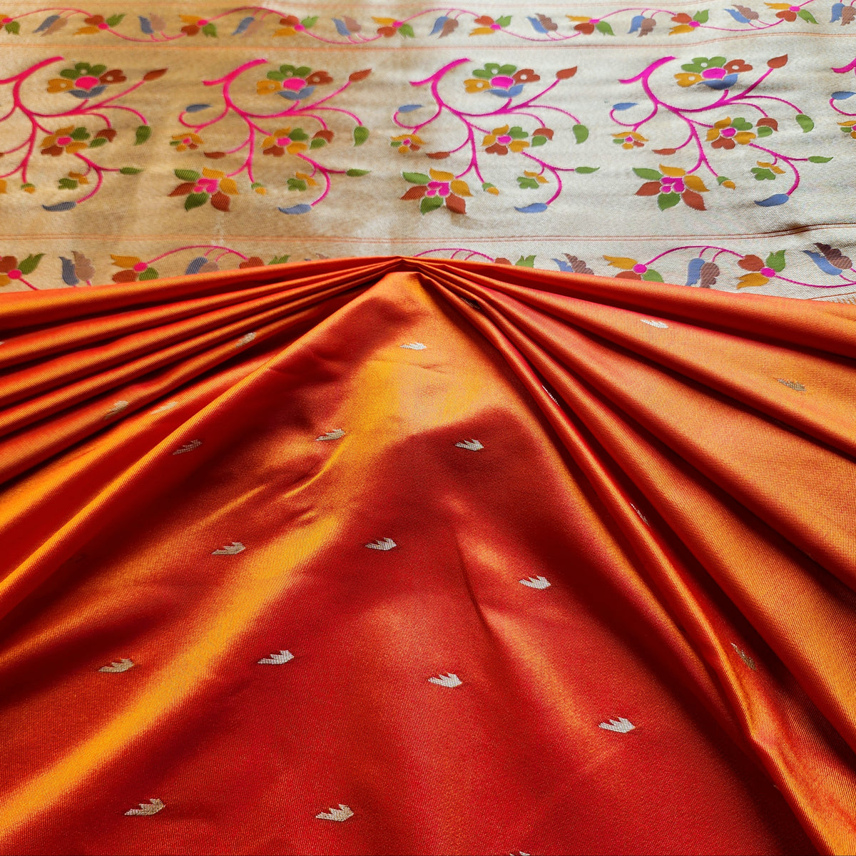 Raahi - Bright Orange Paithani Silk Saree with Stitched Blouse
