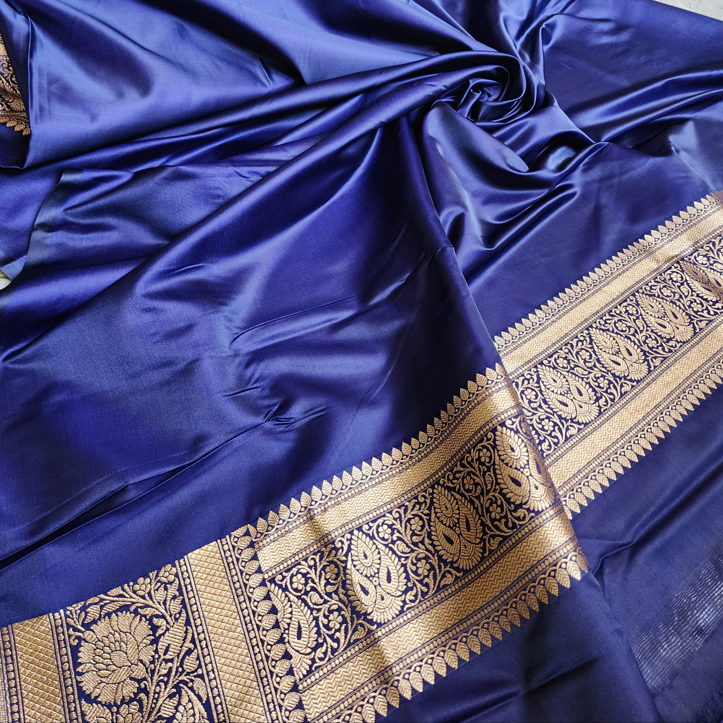 Royal Blue Pure Banarasi Katan Silk Saree with light Gold Zari Weaving