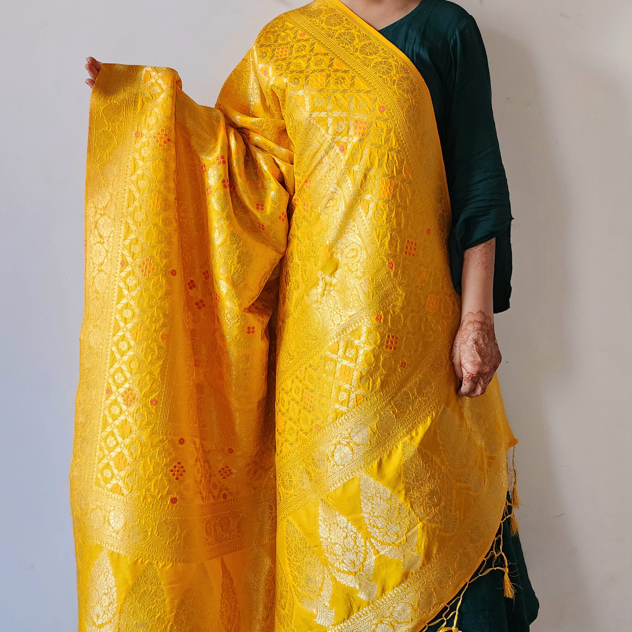 Mustard Gold Bandhani Dupatta with Floral and Geometric Zari Weave