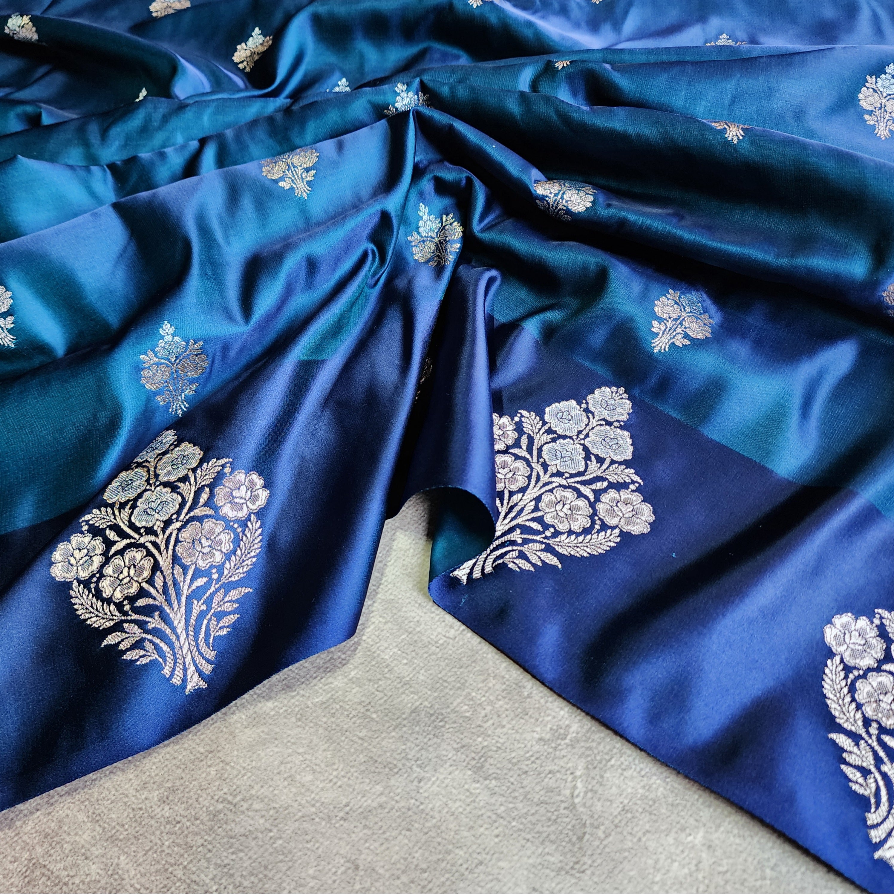 Dual-Tone Peacock Blue Pure Banarasi Katan Silk Saree