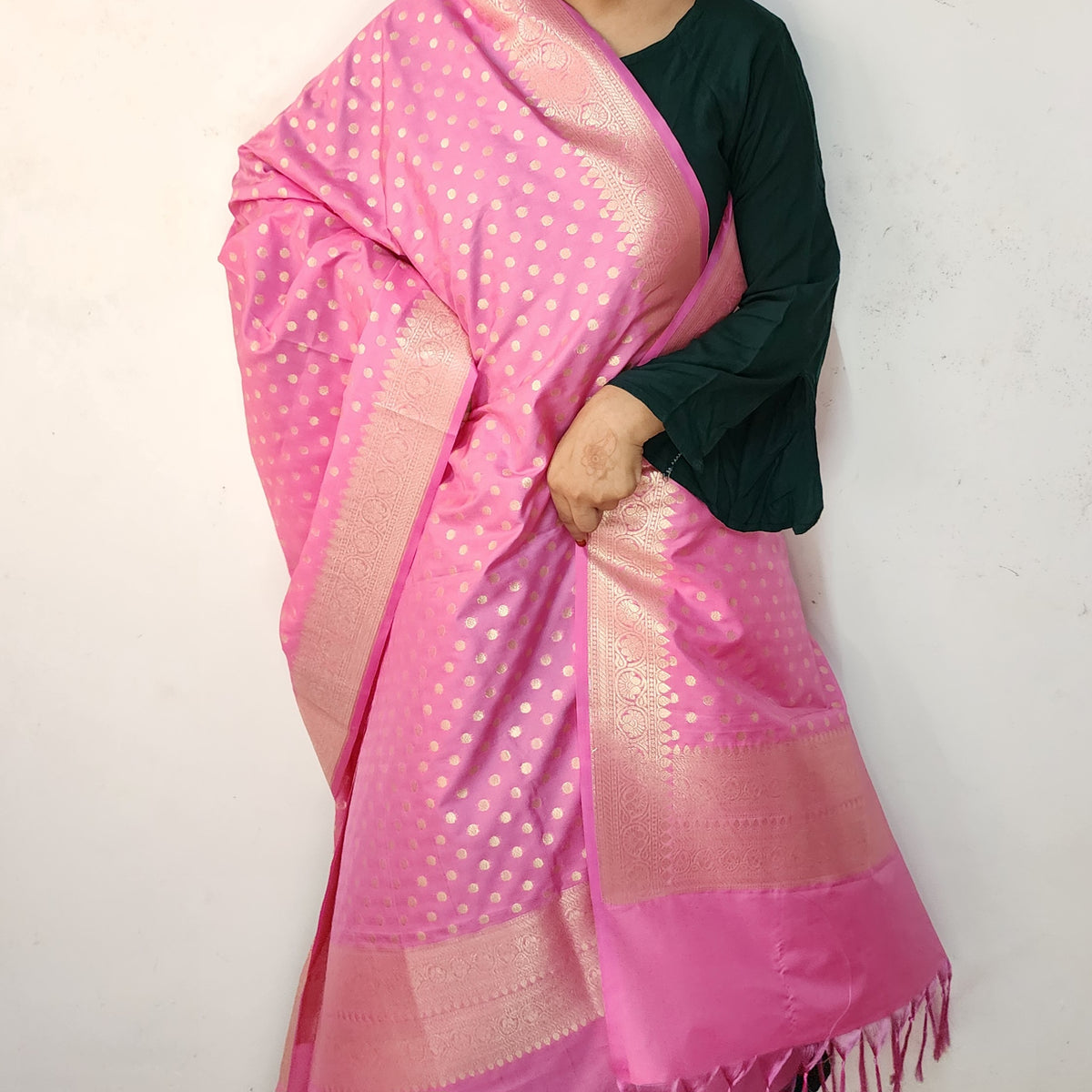 Rani Pink Banarasi Silk Dupatta with Gold Polka Dot