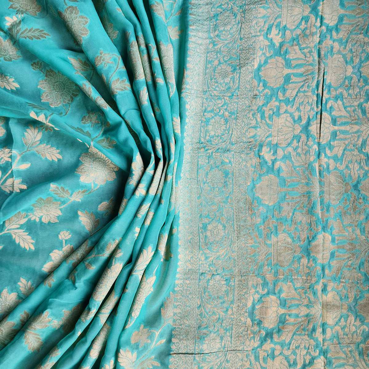 Khaddi Georgette Pure Banarasi Saree in Turquoise