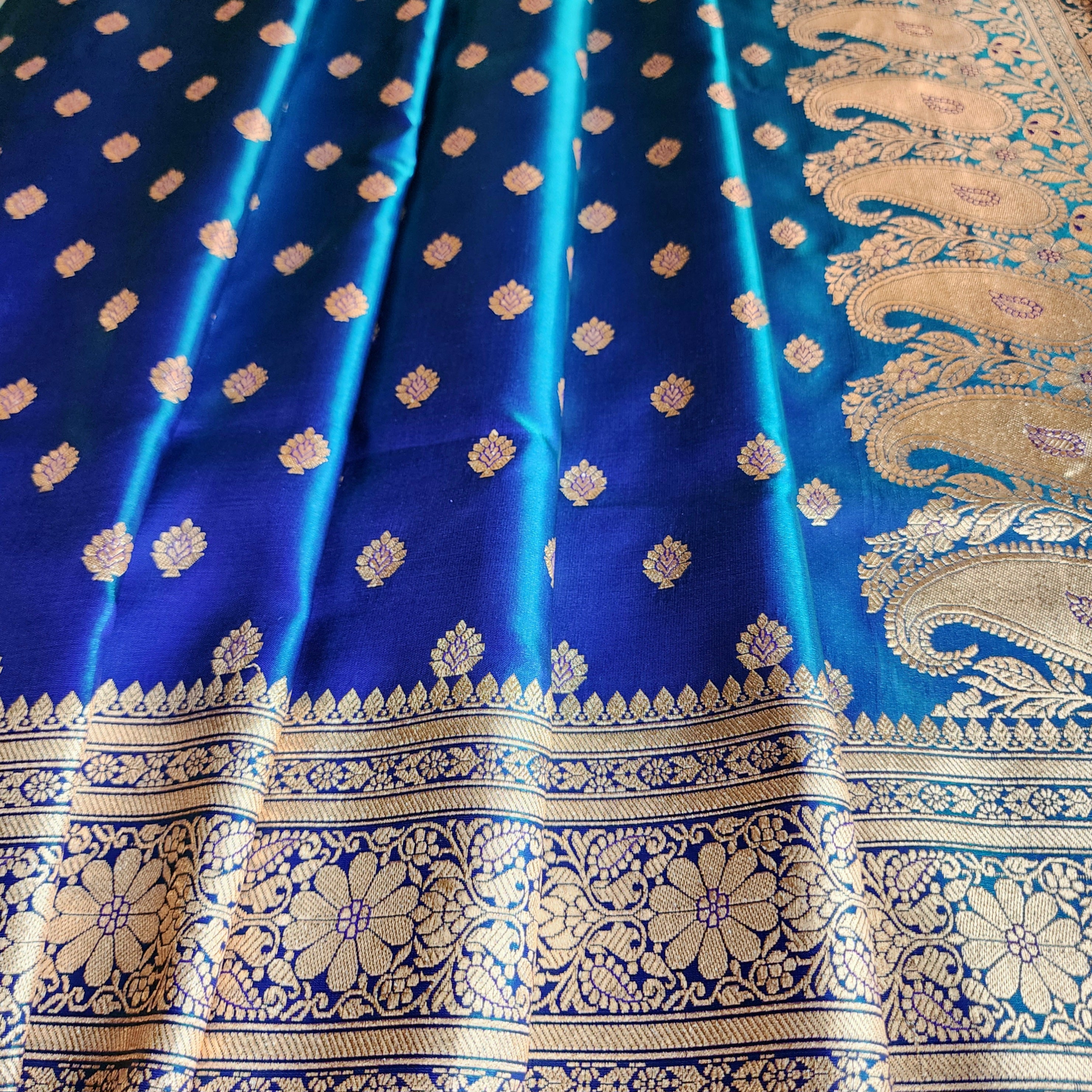 Royal Greenish-Blue Banarasi Silk Saree with Golden Zari Weave
