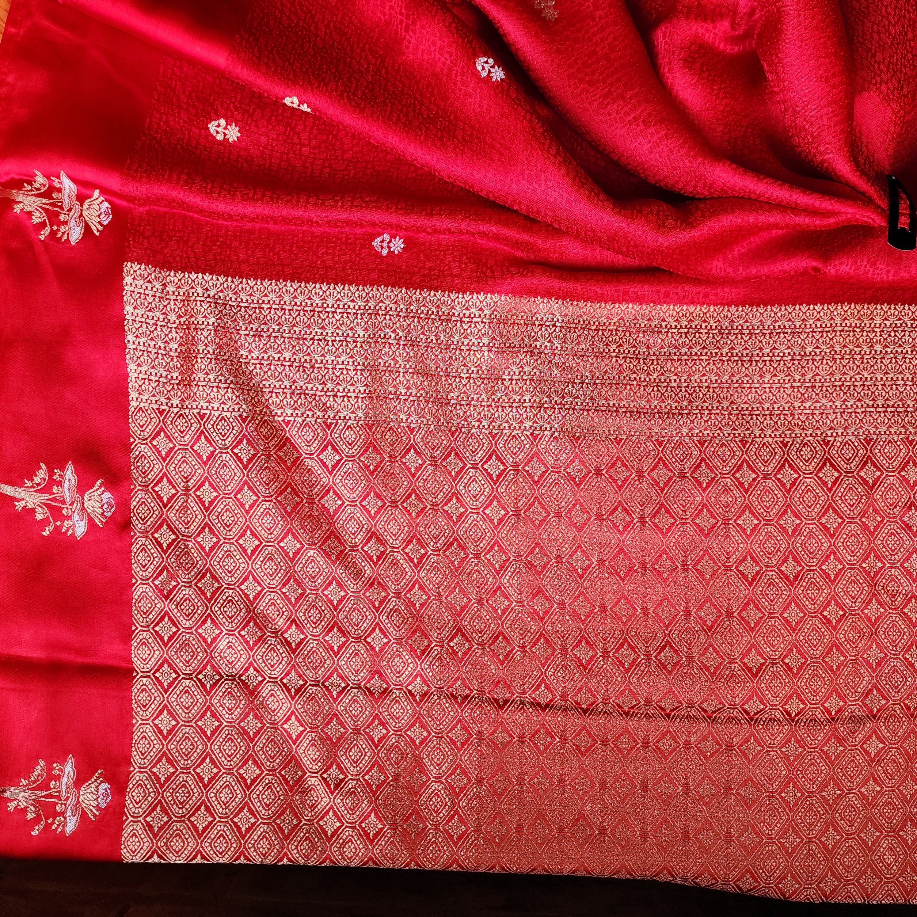 Crimson Red Mashru Tanchoi Saree with Gold Zari
