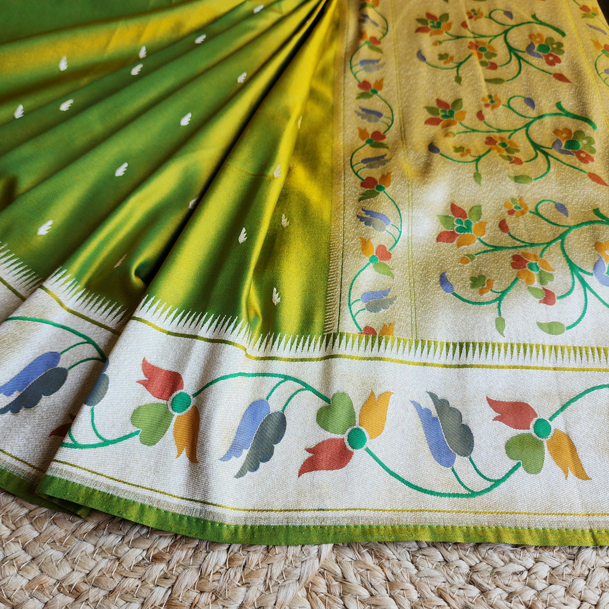 Raahi - Popati Green Paithani Silk Saree with Stitched Blouse