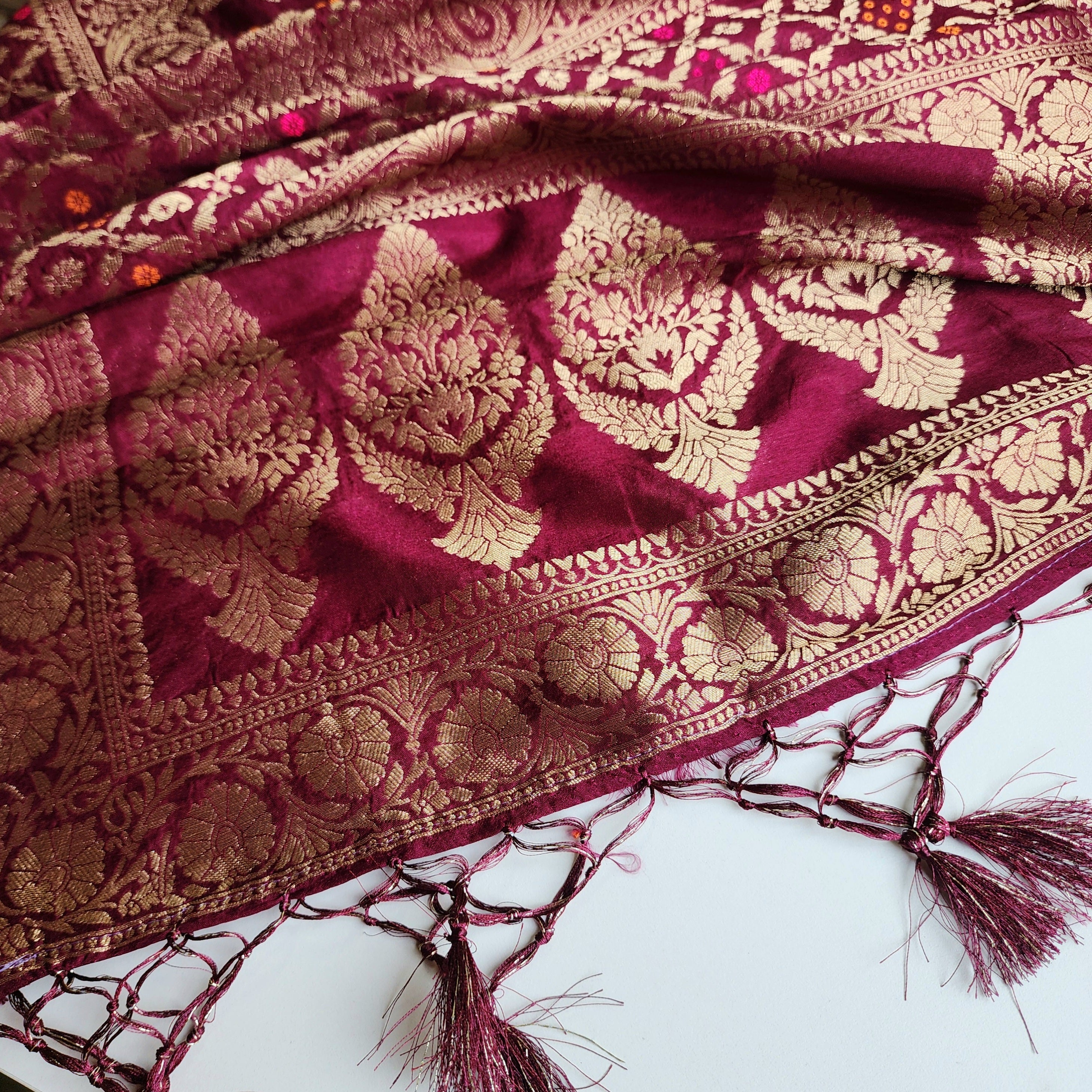 Deep Plum Bandhani Dupatta with Floral and Geometric Zari Weave