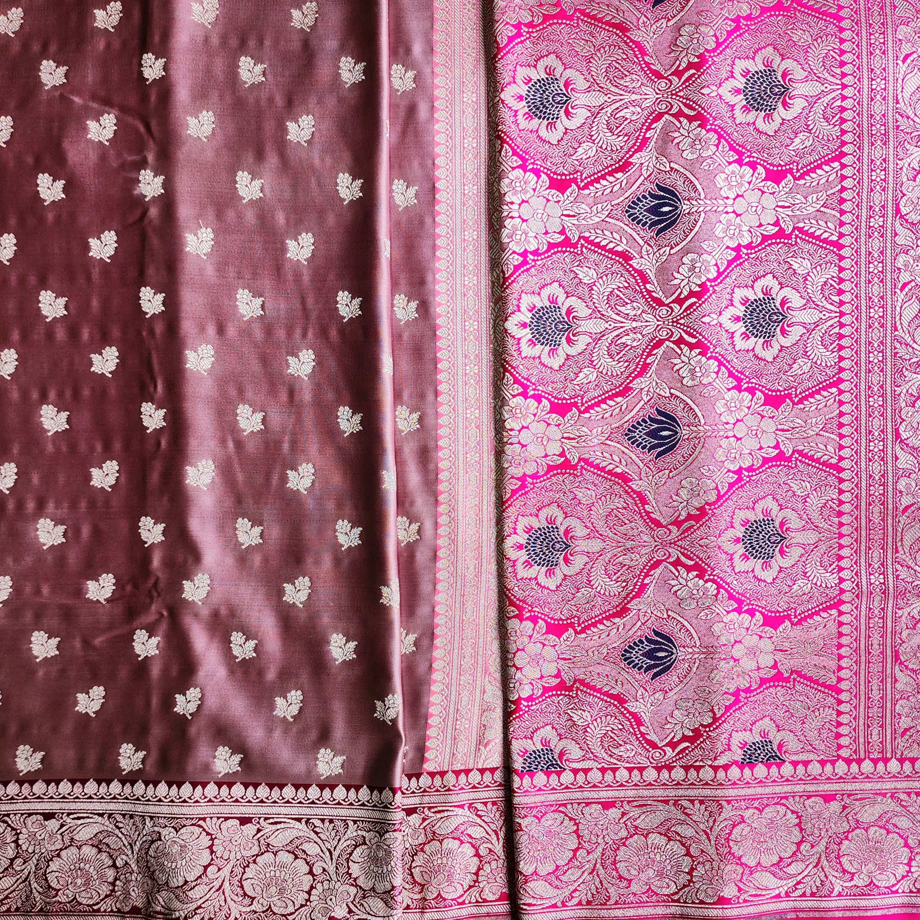 Dusty Mauve Pure Banarasi Katan Silk Saree with light Gold Zari Weaving