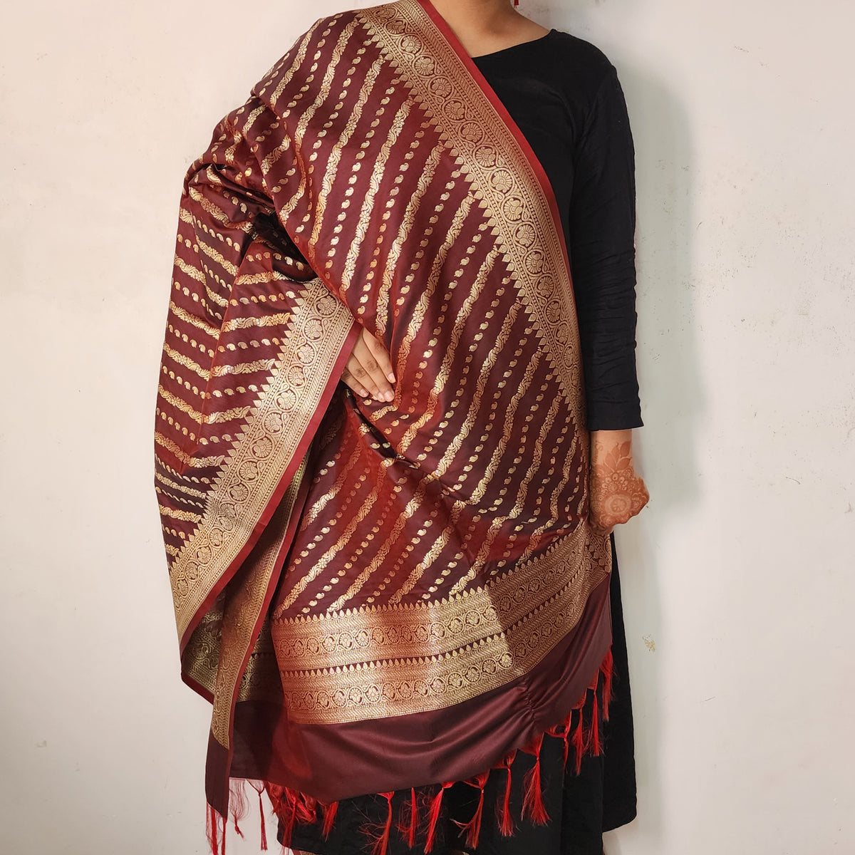 Deep Burgundy - Banarasi Leheriya Style Dupatta