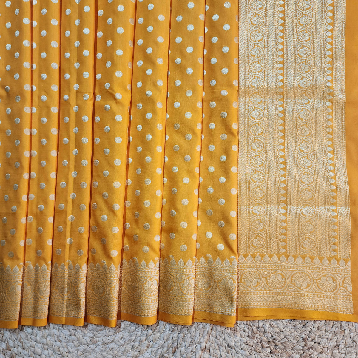 Mustard Yellow Banarasi Silk Dupatta with Gold Polka Dot