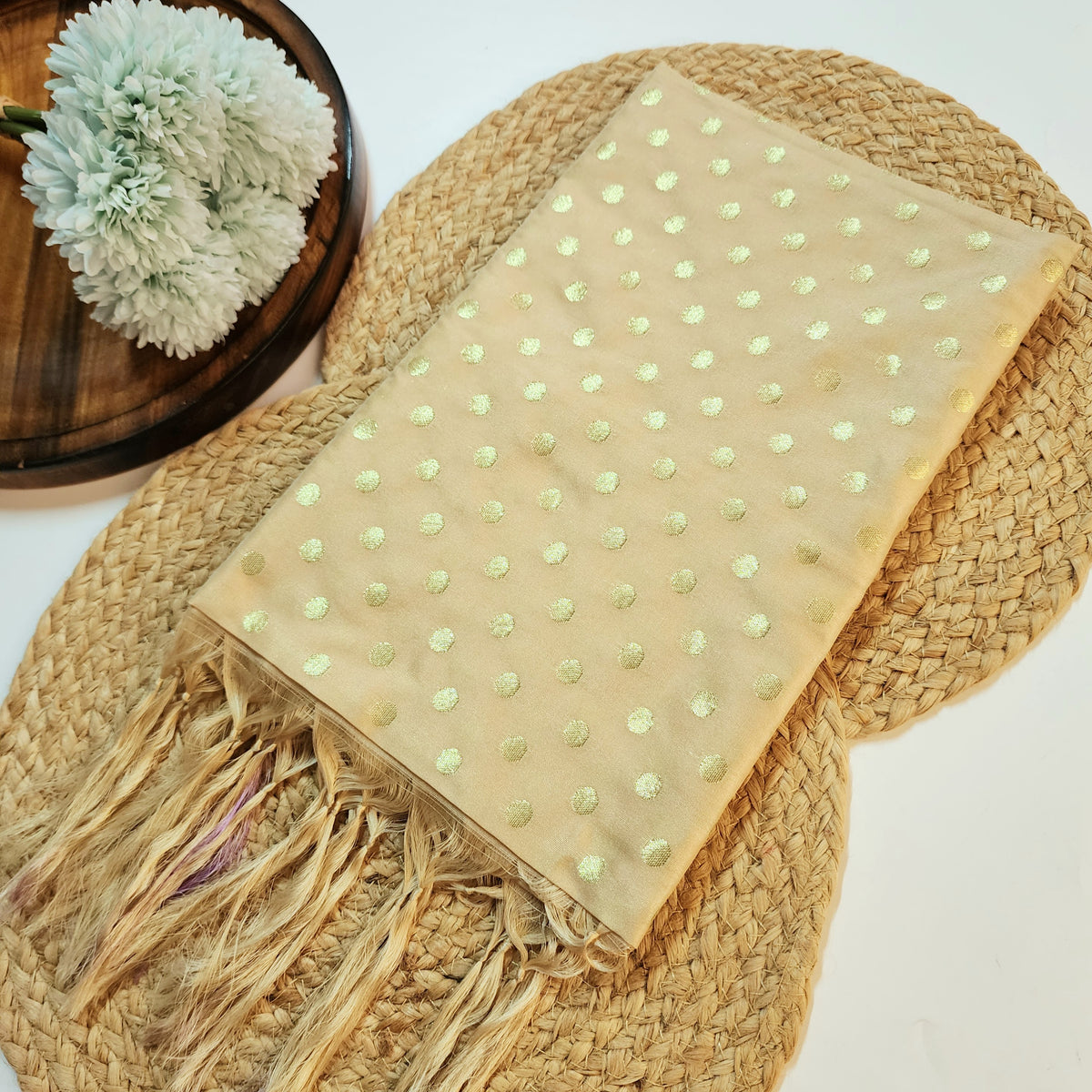 Champagne Beige Banarasi Silk Dupatta with Gold Polka Dot