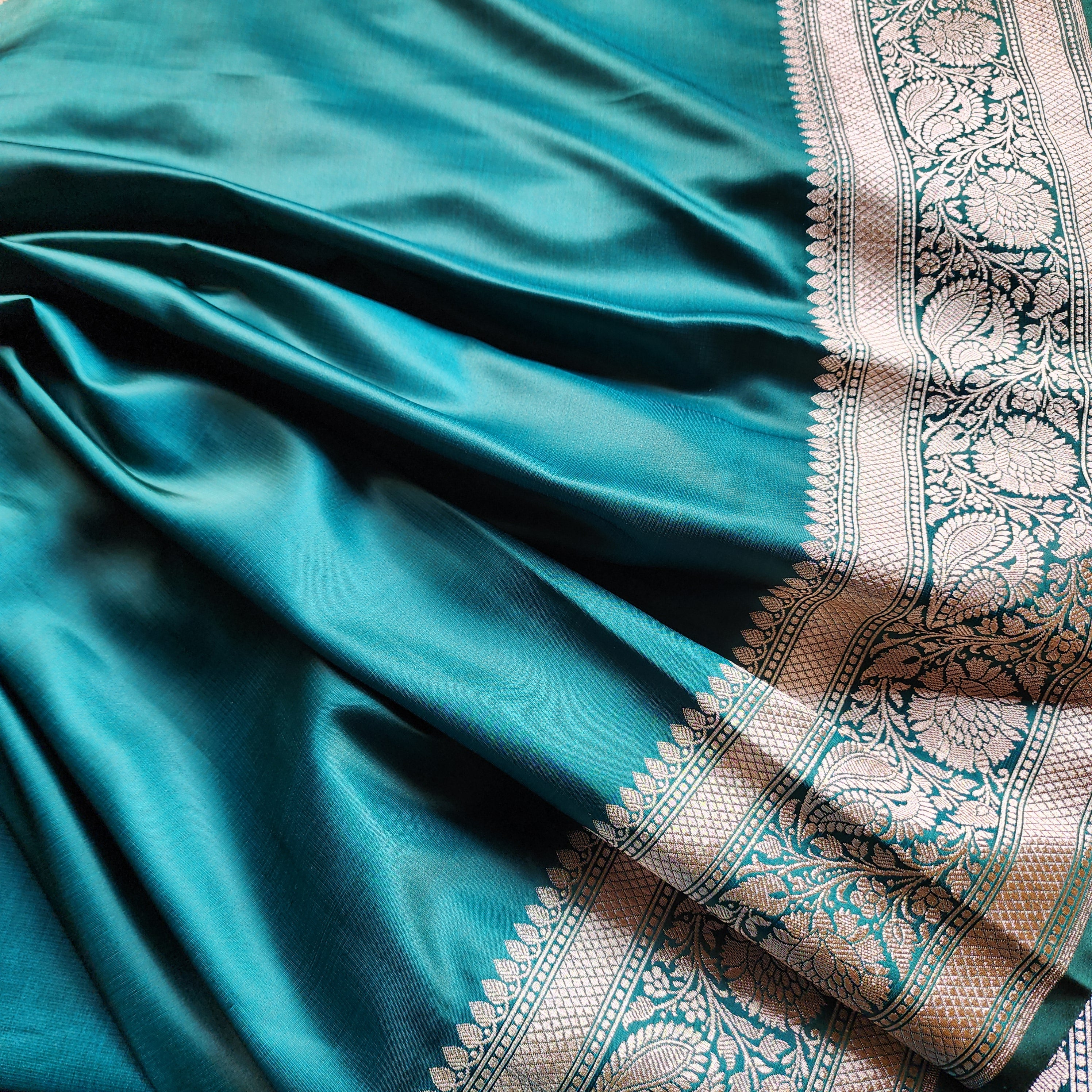 Dhoop Chhaon Teal Green Banarasi Katan Silk Saree