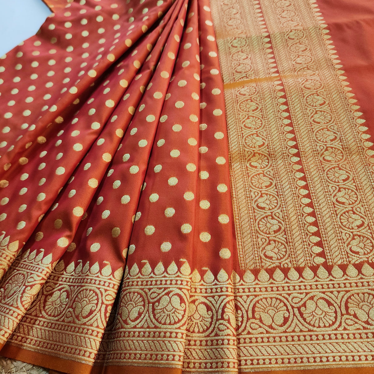 Peach Orange Banarasi Silk Dupatta with Gold Polka Dot