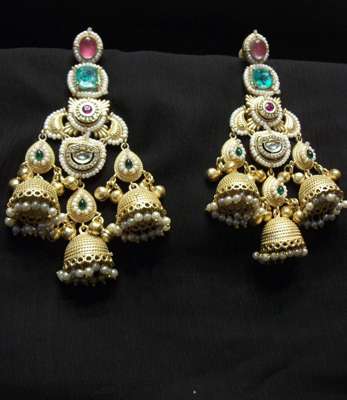 Royal Gold Finish Multi-Colored Stone Cluster Hanging Jhumka Earrings
