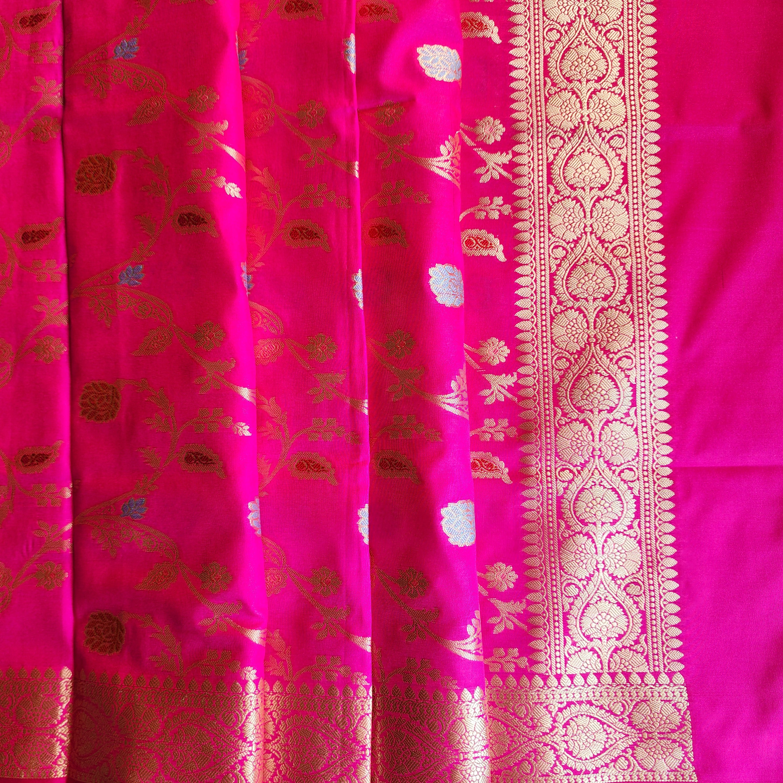 Hot Pink Banarasi Silk Dupatta with Gold Zari Border & Multicolor Meenakari Work