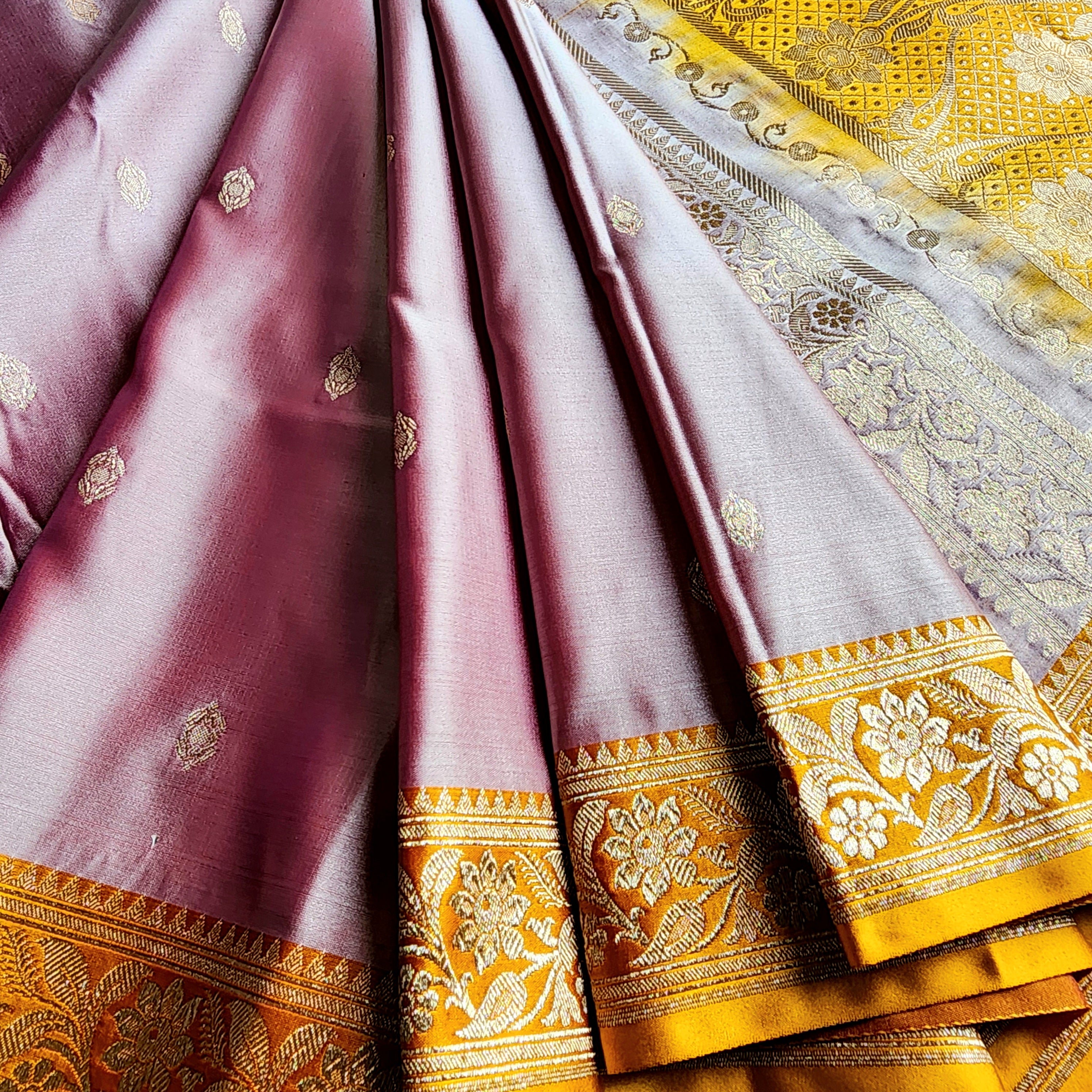 Dusty Rose Pink Katan Silk Saree with Mustard and Gold Zari Border