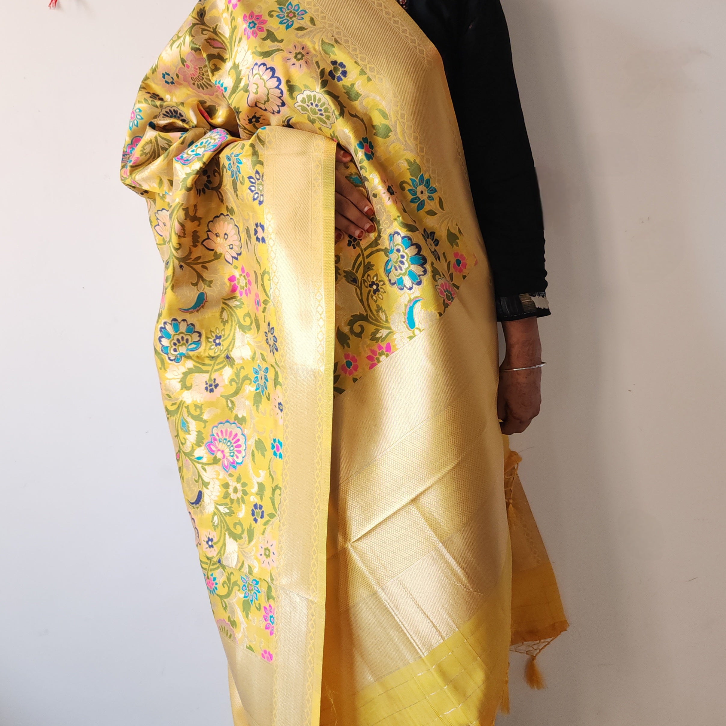 Banarasi Silk Sunshine Yellow Dupatta with Multicolor & Gold Floral Handweaving