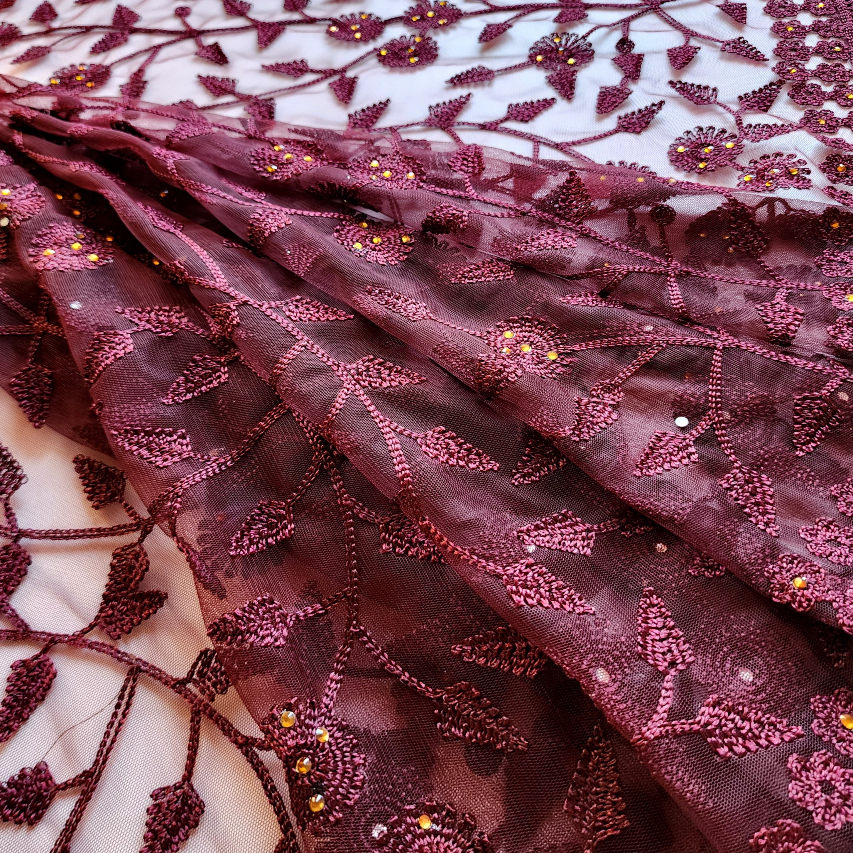 Embroidered Net Designer Saree in Wine