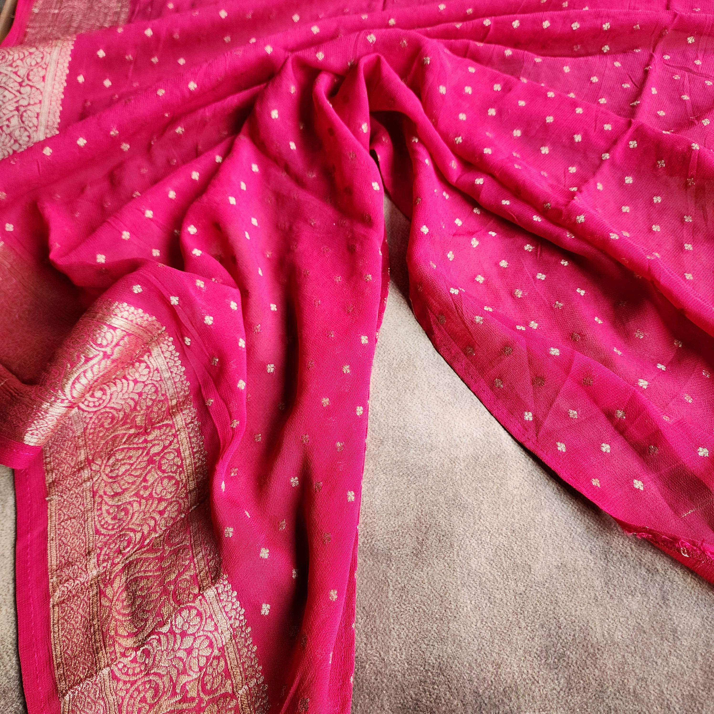 Radish Pink Khaddi Georgette Pure Banarasi Saree with Golden Zari