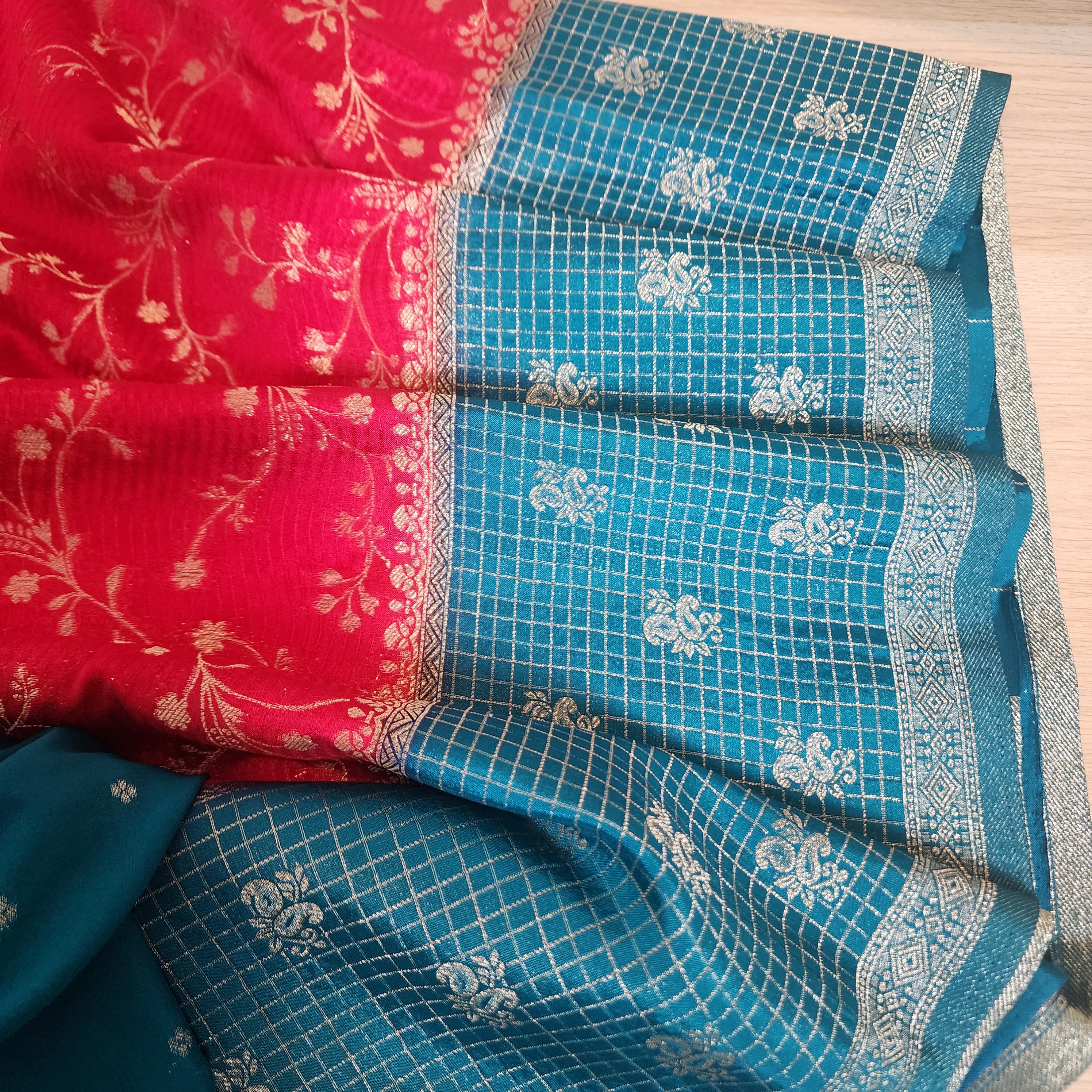 Banarasi Georgette Saree in Luxe Red & Teal with Gold Zari Work