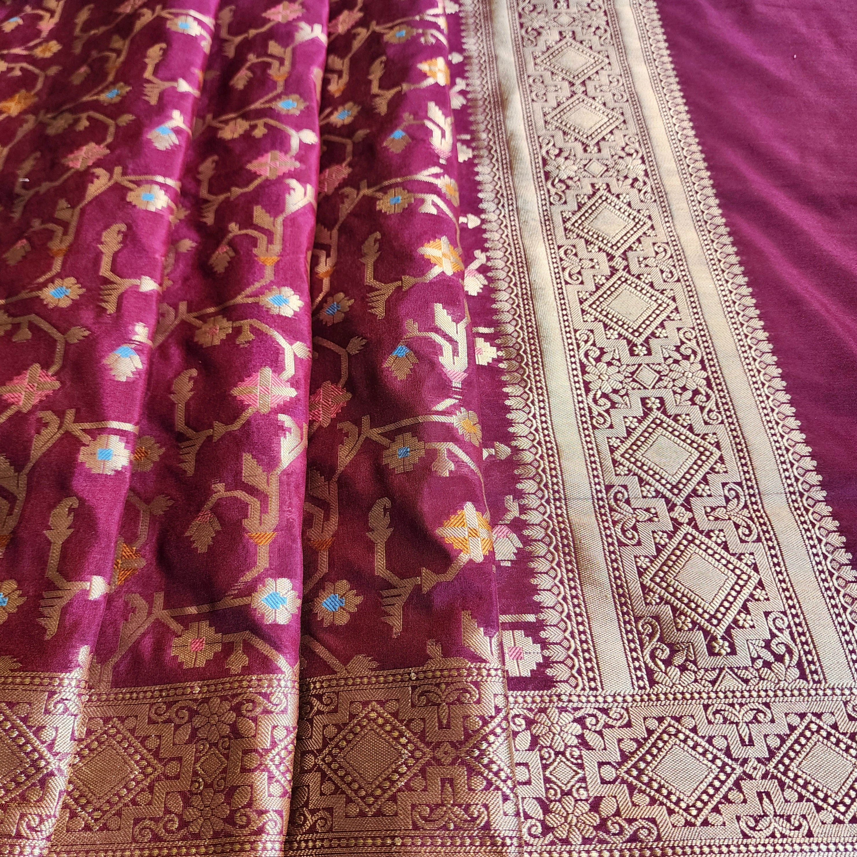 Golden Grid Banarasi Silk Dupatta with Meenakari Work in Deep Purple