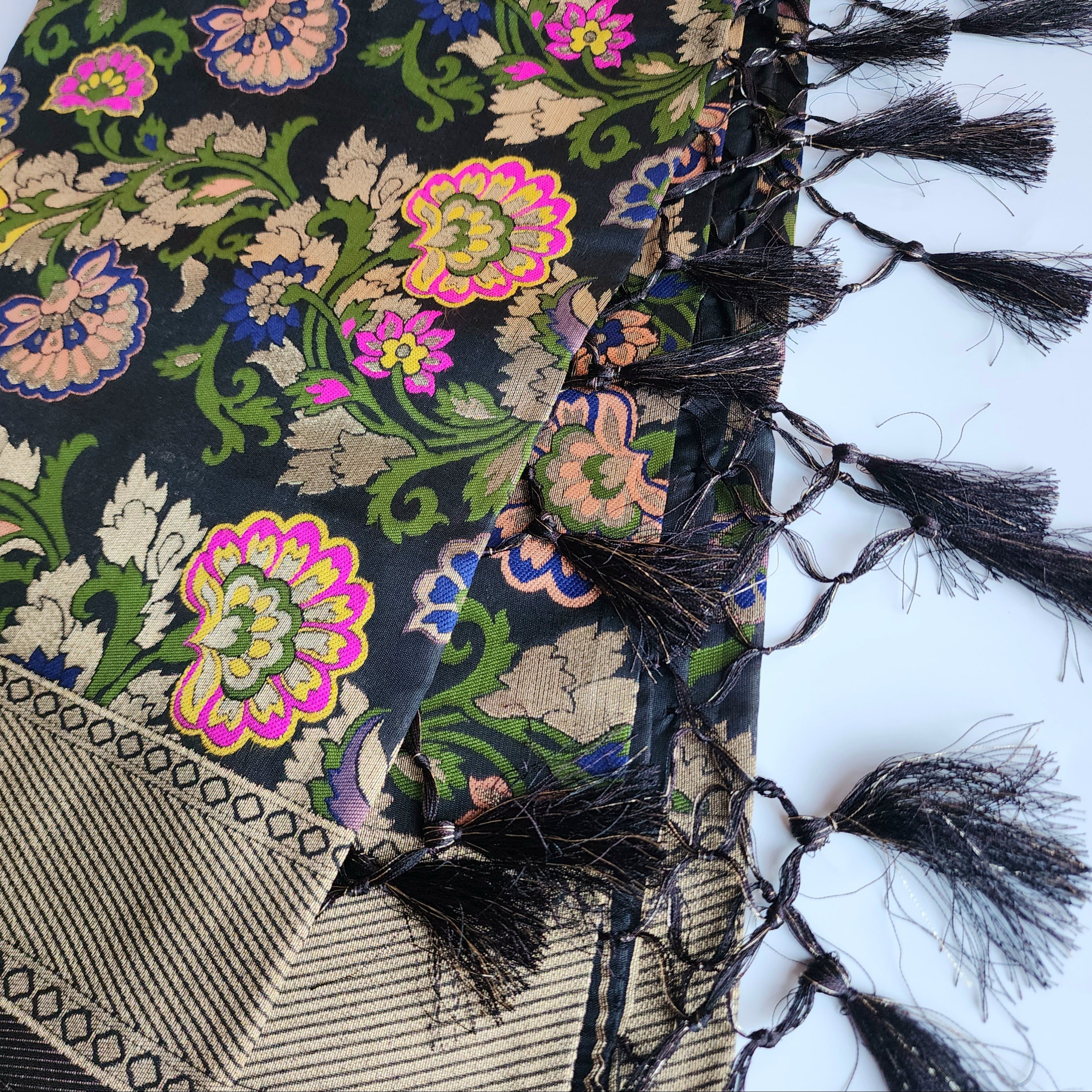 Banarasi Black Dupatta with Multicolor & Gold Floral Handweaving