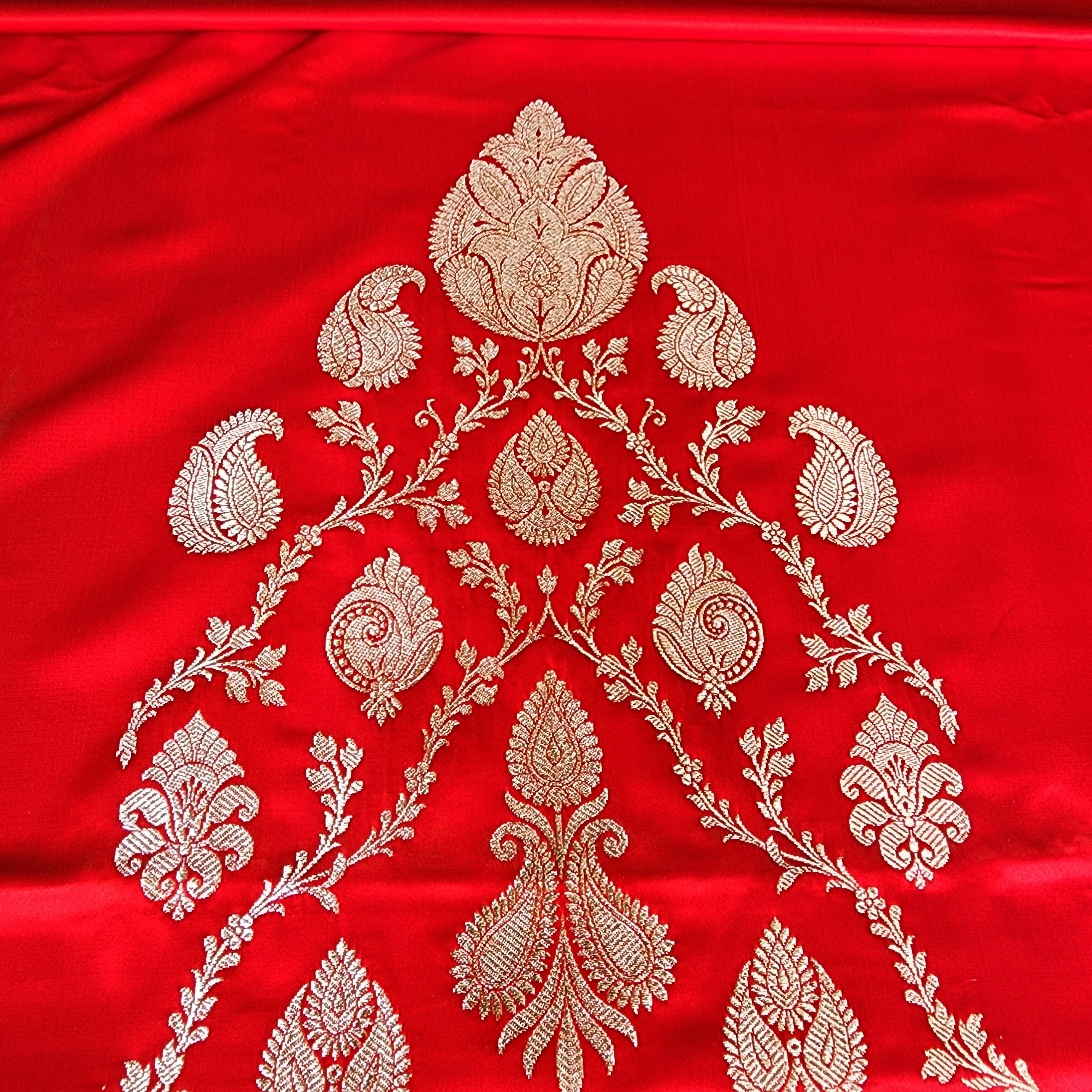 Rich Vermilion Red Pure Banarasi Katan Silk Saree with light Gold Zari Weaving