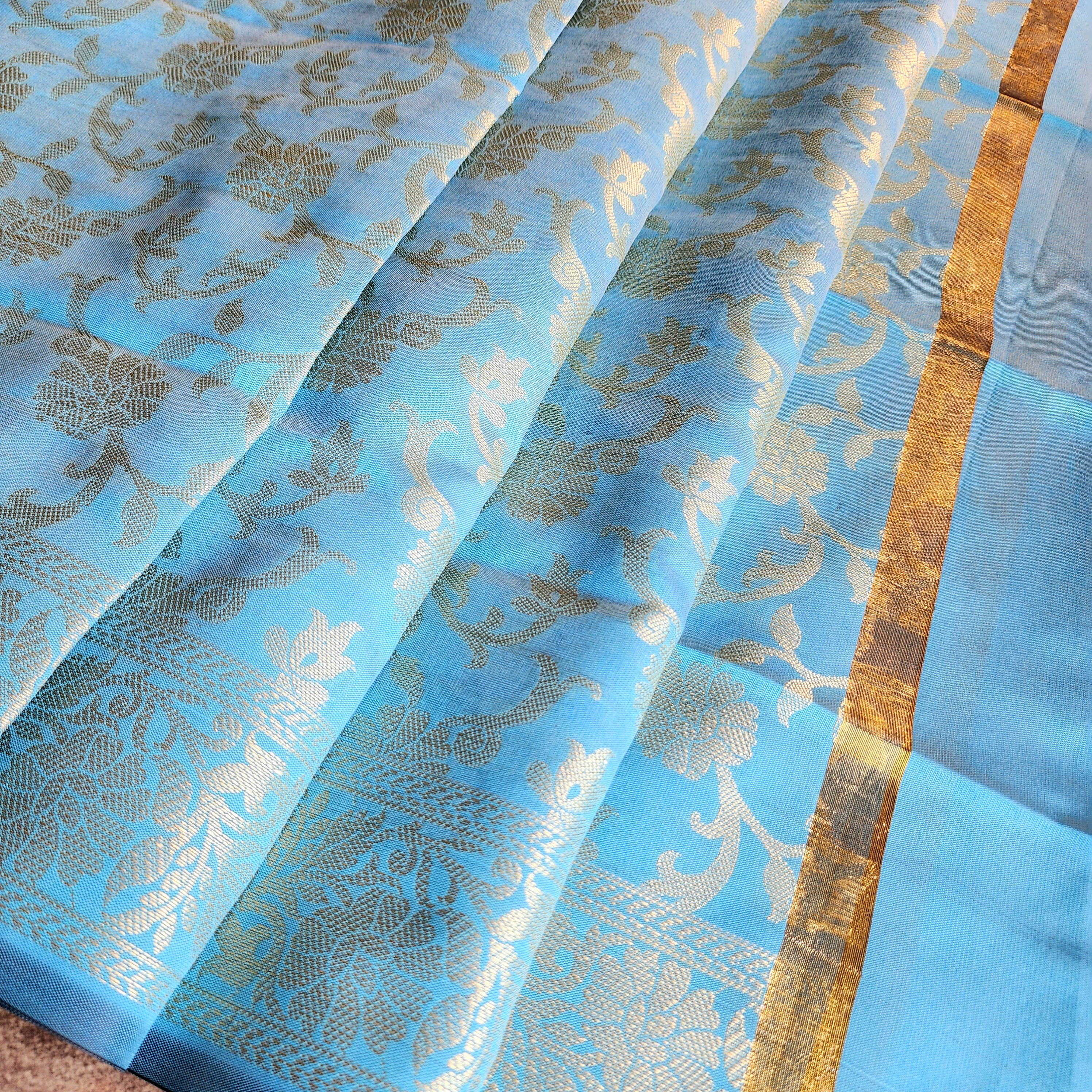 Aqua Blue Banarasi Tapetta Silk Dupatta with Gold Floral Weave