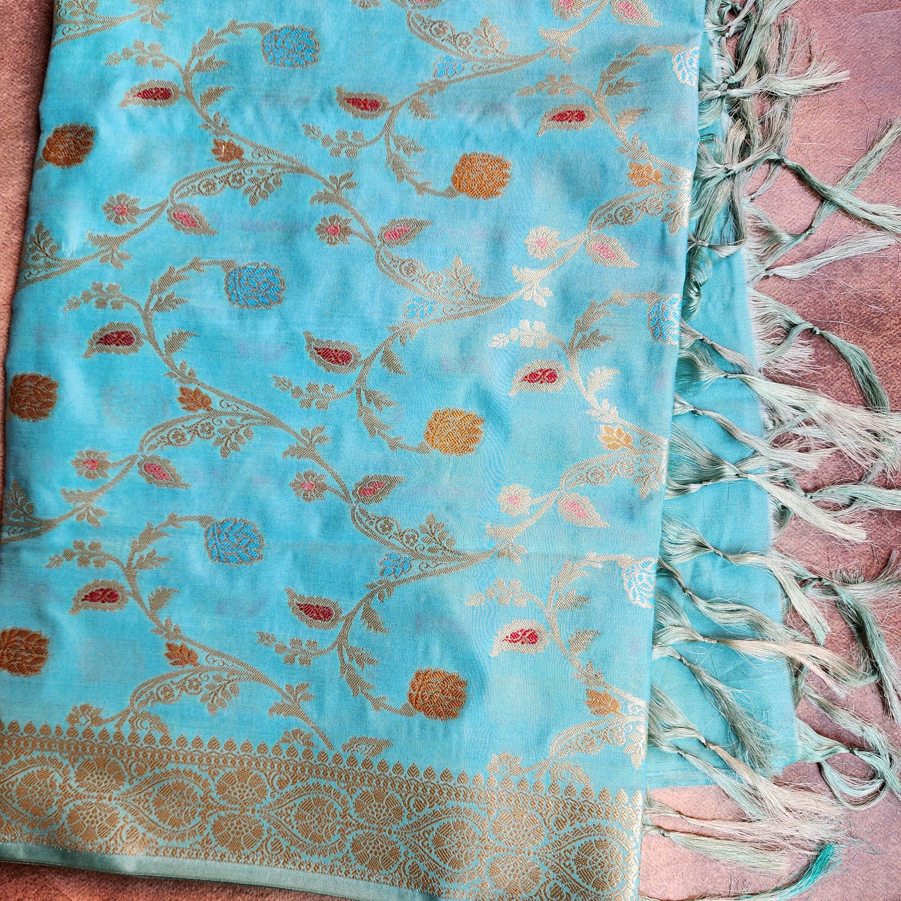 Pastel Sky Blue Banarasi Silk Dupatta with Gold Zari Border & Multicolor Meenakari Work