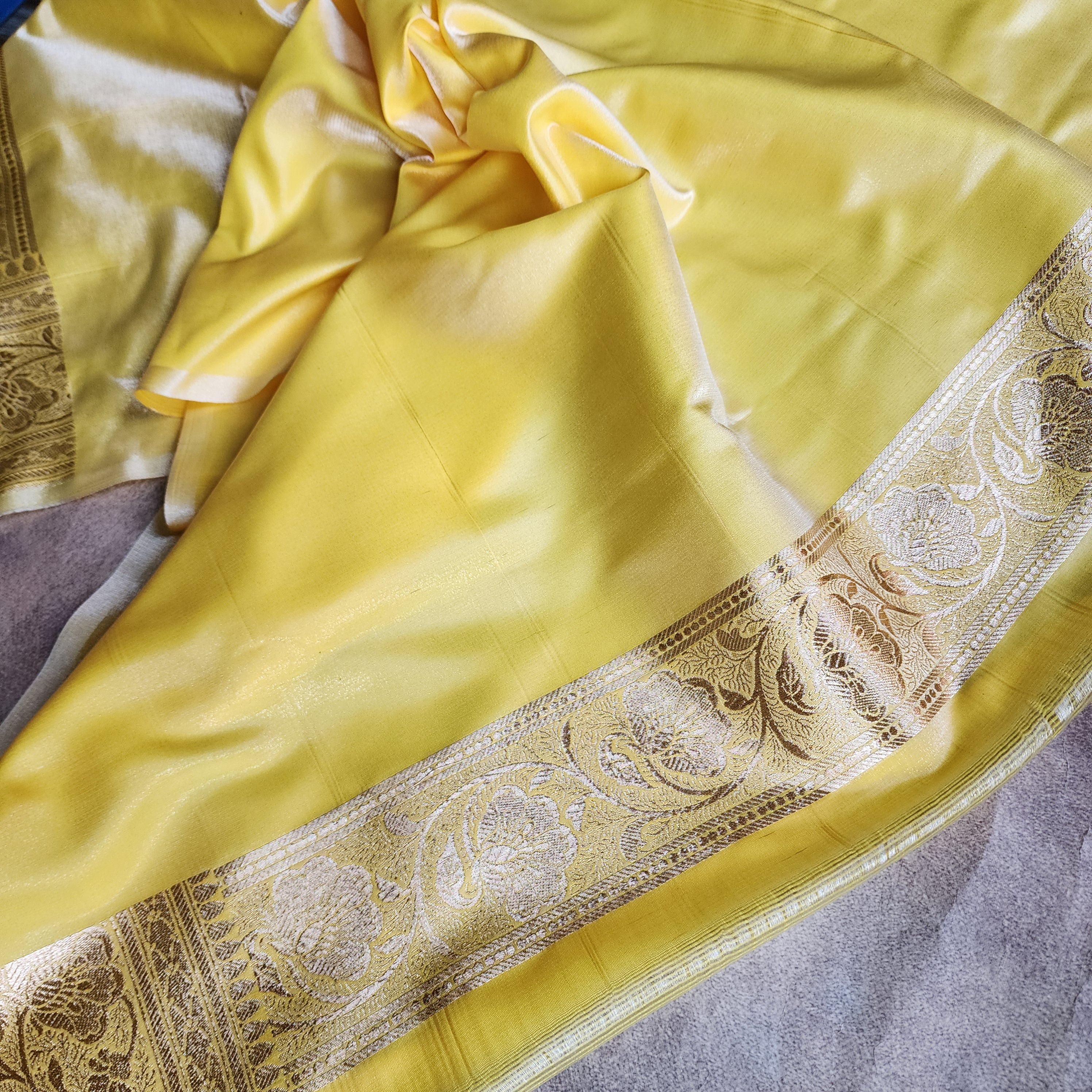 Rich Lemon Yellow Banarasi Silk Saree with Gold Zari Weaving