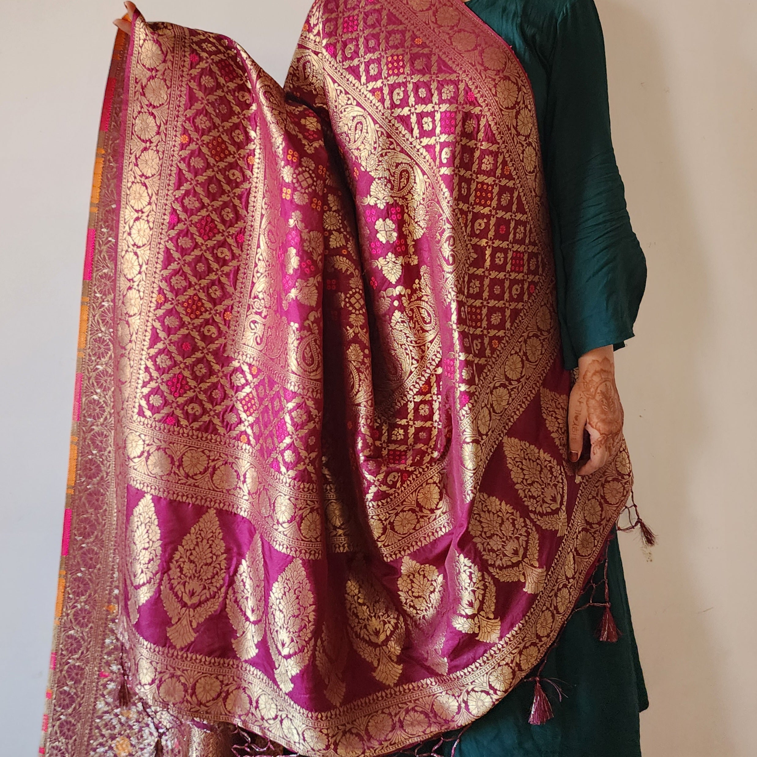 Deep Plum Bandhani Dupatta with Floral and Geometric Zari Weave